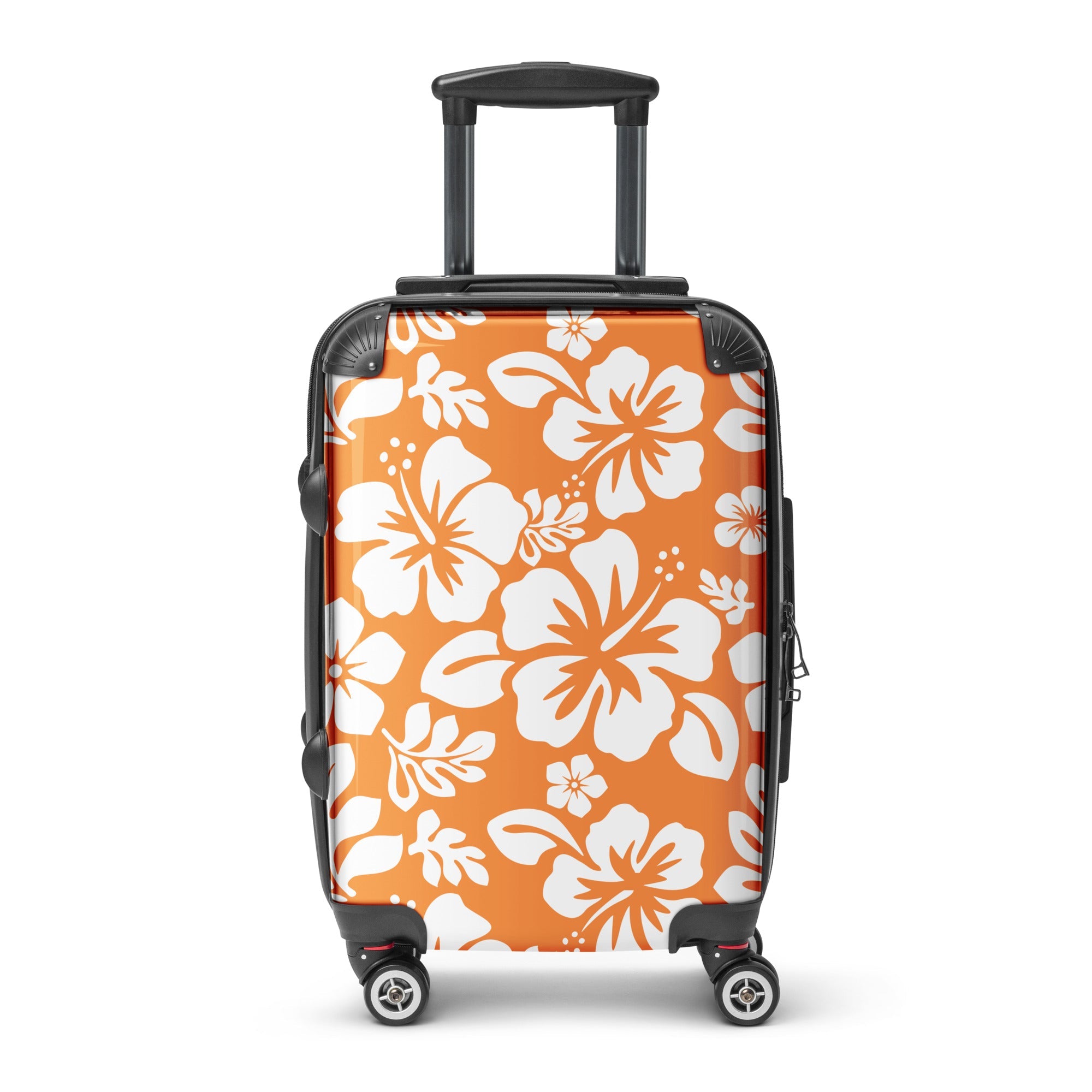 White Hawaiian Flowers on Orange Carry On Suitcase – Surf & Beach Inspired Luggage by Extremely Stoked®
