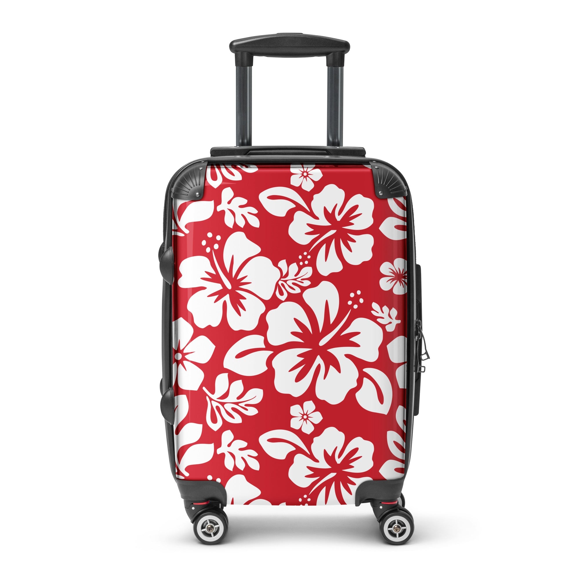 White Hawaiian Flowers on Red Carry On Suitcase – Surf & Beach Inspired Luggage by Extremely Stoked®