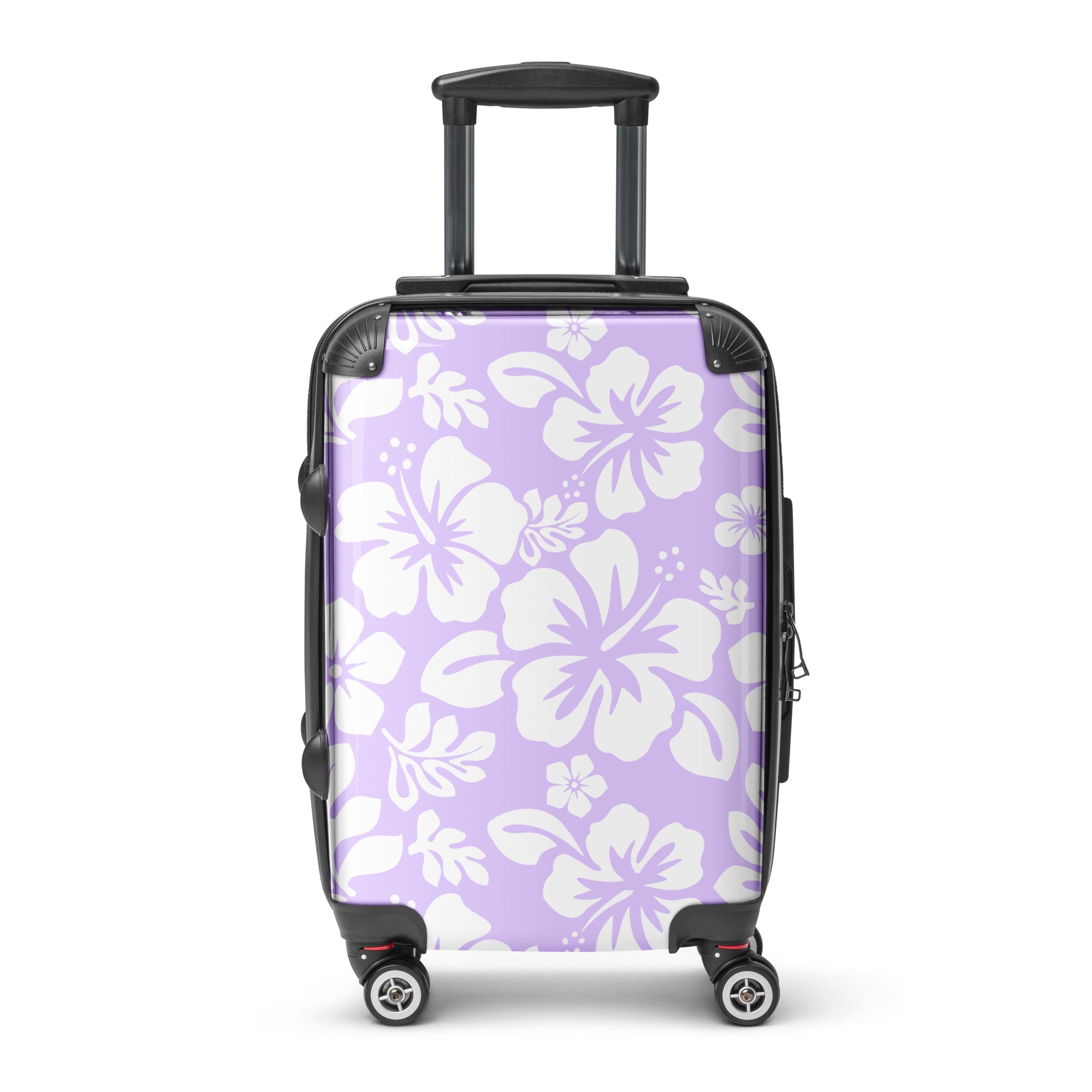 White Hawaiian Flowers on Lavender Carry On Suitcase – Surf & Beach Inspired Luggage by Extremely Stoked®