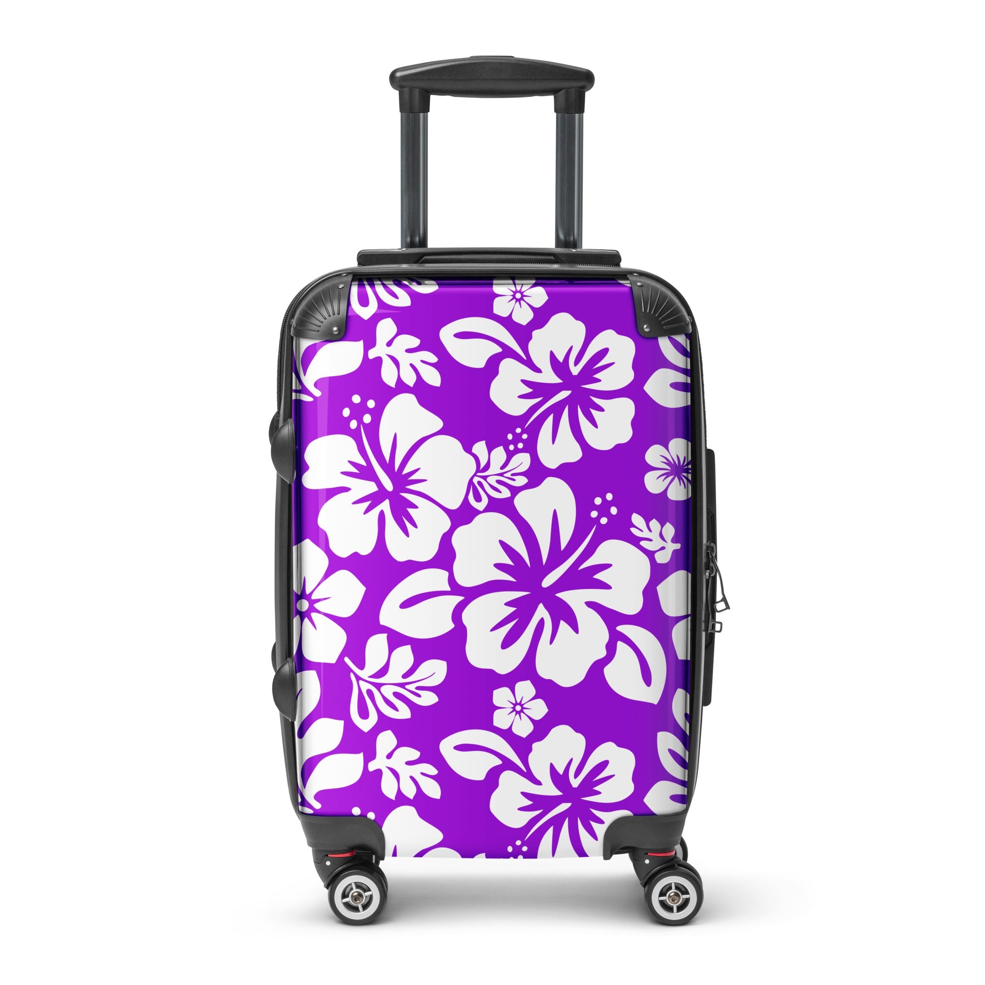 White Hawaiian Flowers on Purple Carry On Suitcase – Surf & Beach Inspired Luggage by Extremely Stoked®