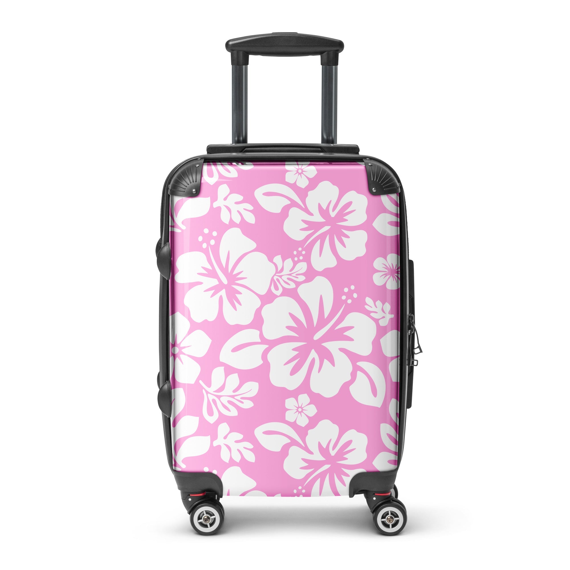 White Hawaiian Flowers on Pink Carry On Suitcase – Surf & Beach Inspired Luggage by Extremely Stoked®