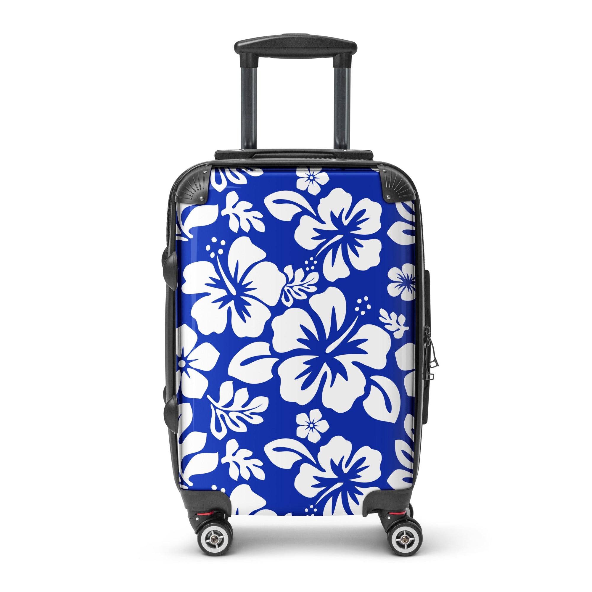 White Hawaiian Flowers on Royal Blue Carry On Suitcase – Surf & Beach Inspired Luggage by Extremely Stoked®