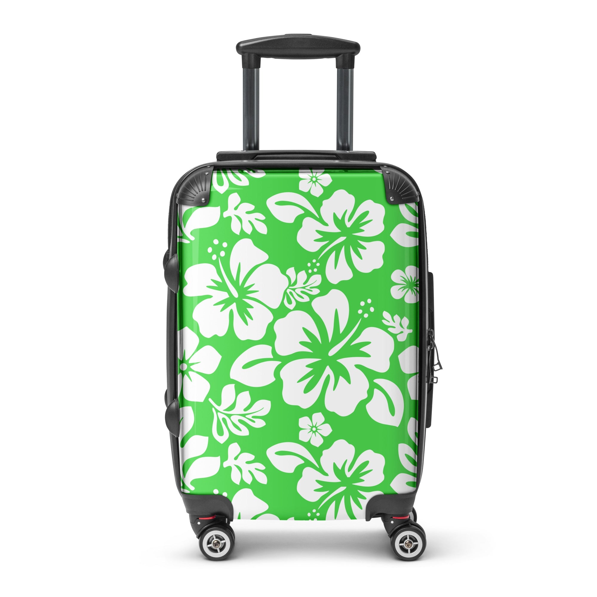 White Hawaiian Flowers on Lime Green Carry On Suitcase – Surf & Beach Inspired Luggage by Extremely Stoked®