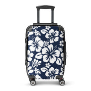 White Hawaiian Flowers on Navy Blue Carry On Suitcase – Surf & Beach Inspired Luggage by Extremely Stoked®