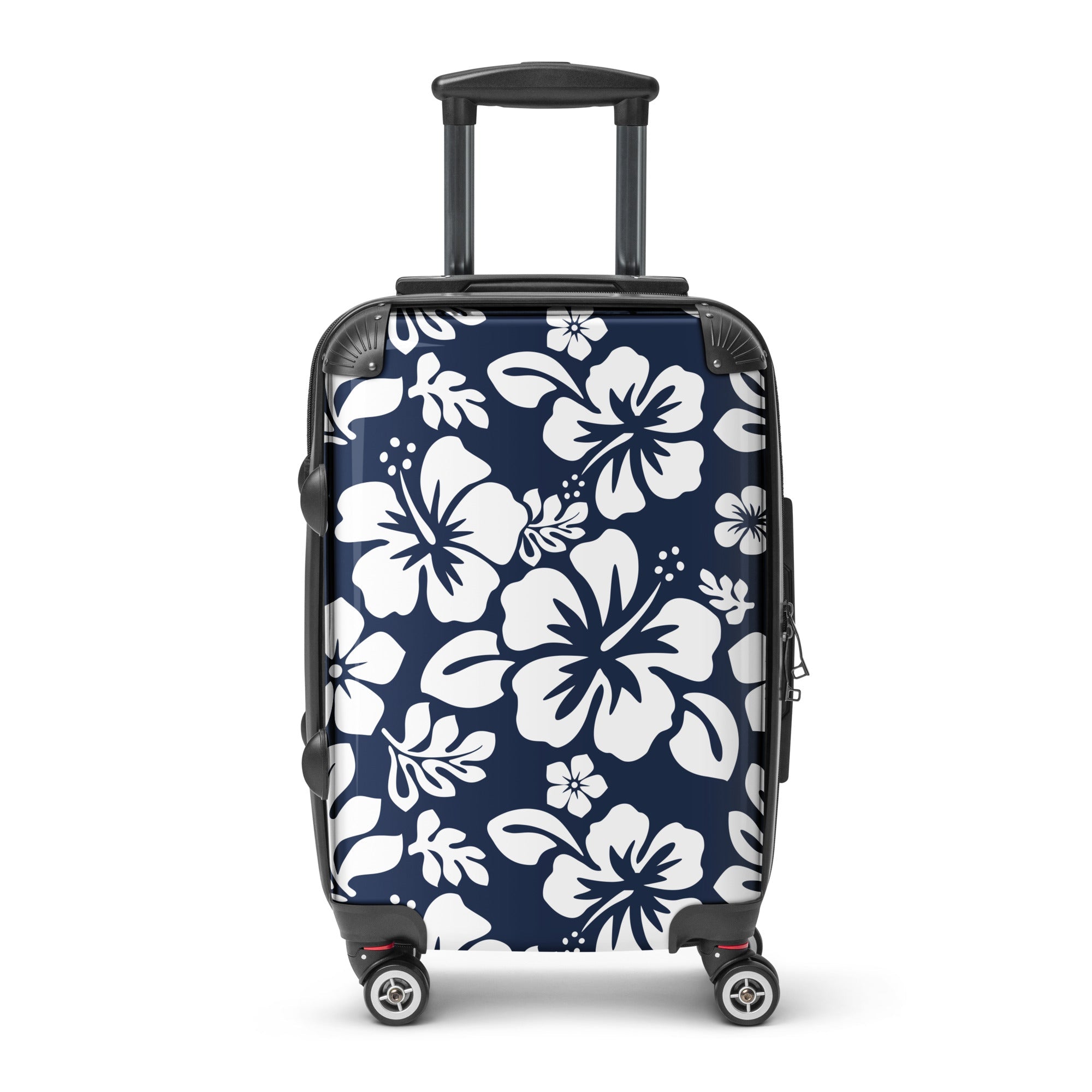 White Hawaiian Flowers on Navy Blue Carry On Suitcase – Surf & Beach Inspired Luggage by Extremely Stoked®
