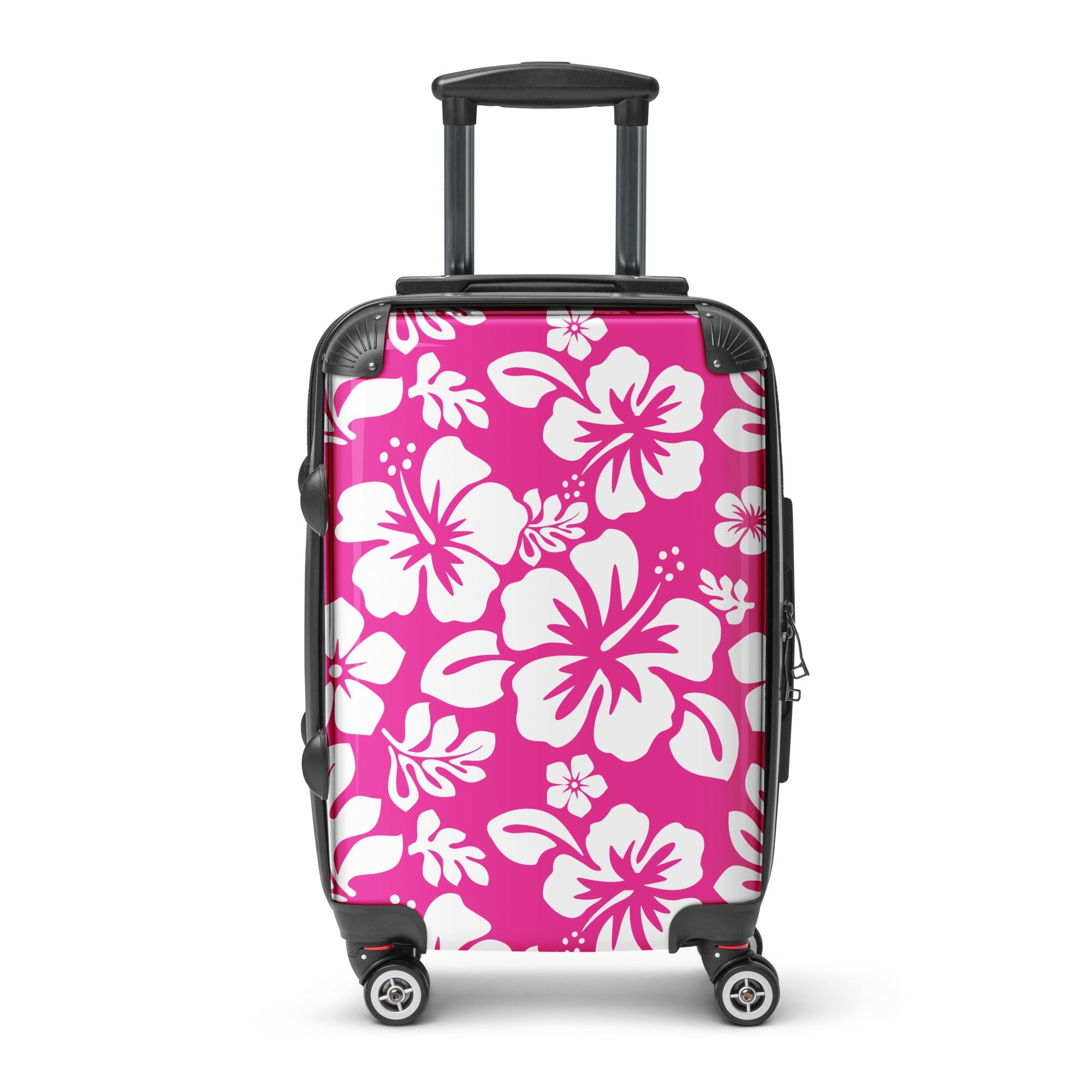 White Hawaiian Flowers on Hot Pink Carry On Suitcase – Surf & Beach Inspired Luggage by Extremely Stoked®