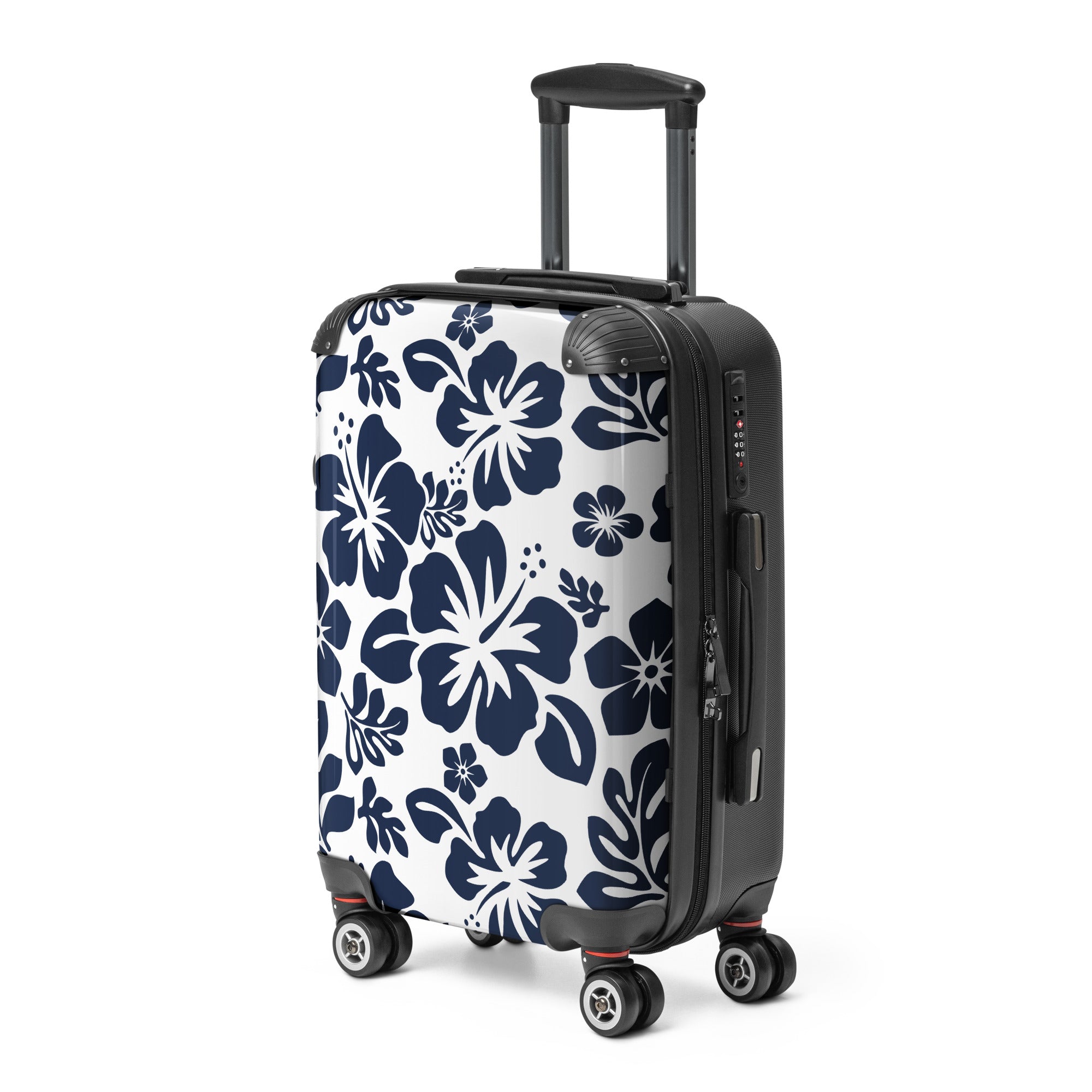 Navy Blue Hawaiian Flowers Carry On Suitcase – Surf & Beach Inspired Luggage by Extremely Stoked®