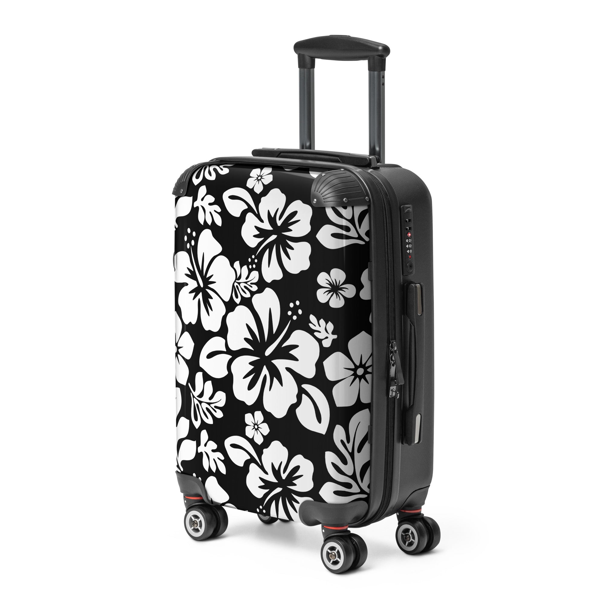 White Hawaiian Flowers on Black Carry On Suitcase – Surf & Beach Inspired Luggage by Extremely Stoked®