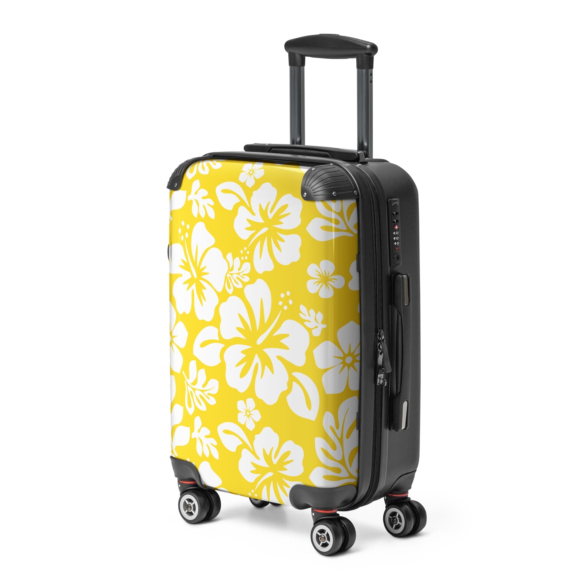 White Hawaiian Flowers on Yellow Carry On Suitcase – Surf & Beach Inspired Luggage by Extremely Stoked®