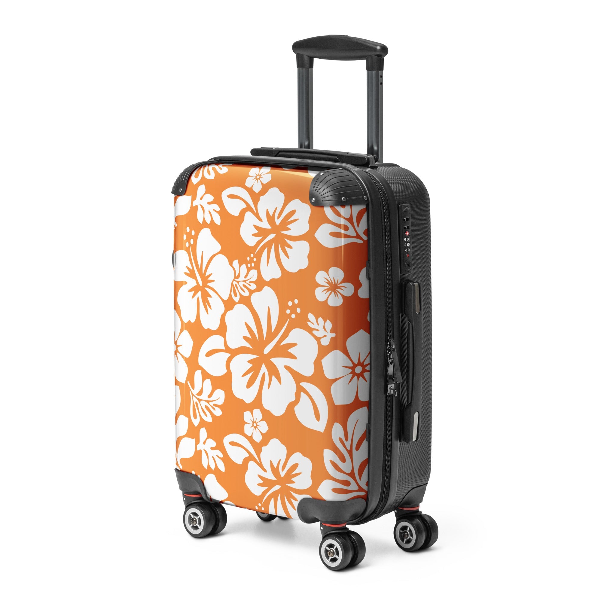 White Hawaiian Flowers on Orange Carry On Suitcase – Surf & Beach Inspired Luggage by Extremely Stoked®