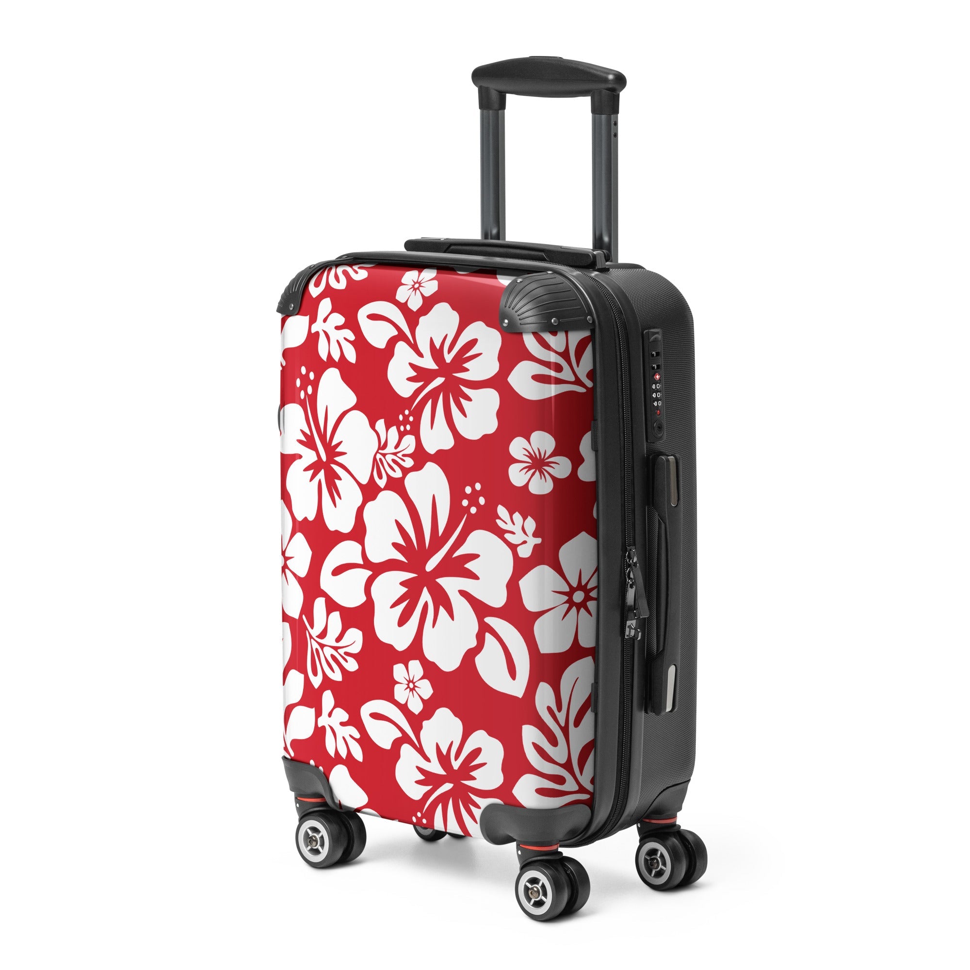 White Hawaiian Flowers on Red Carry On Suitcase – Surf & Beach Inspired Luggage by Extremely Stoked®