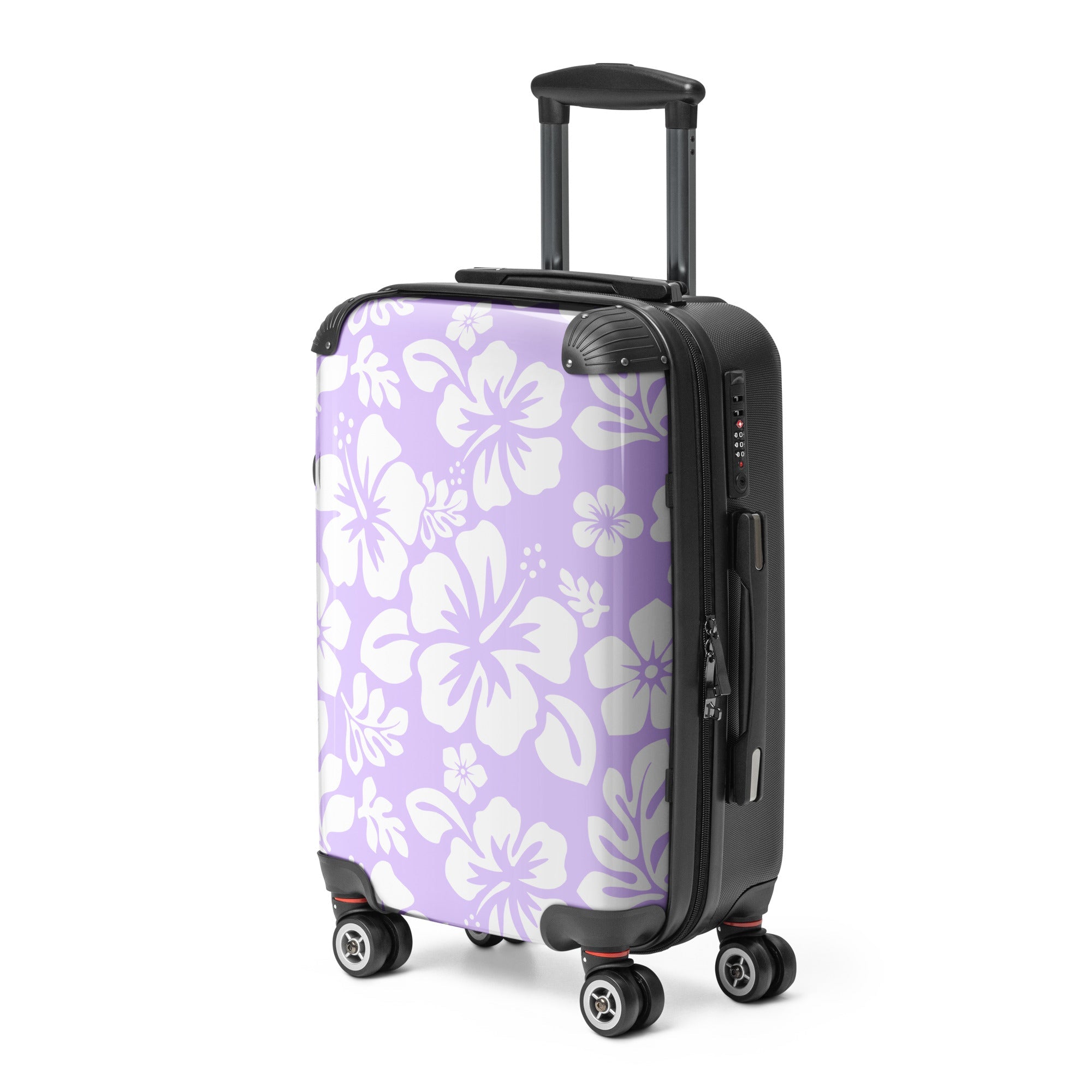 White Hawaiian Flowers on Lavender Carry On Suitcase – Surf & Beach Inspired Luggage by Extremely Stoked®
