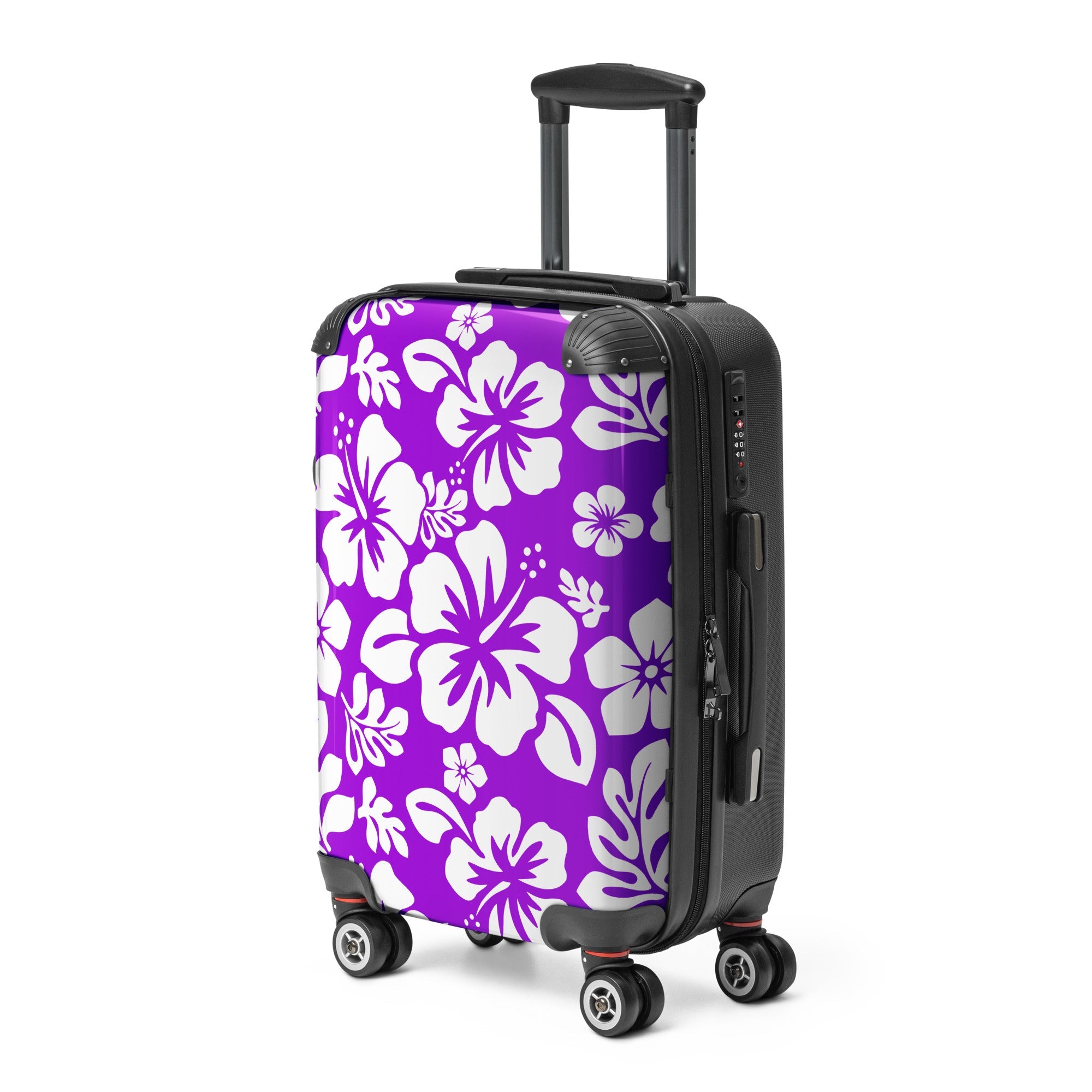 White Hawaiian Flowers on Purple Carry On Suitcase – Surf & Beach Inspired Luggage by Extremely Stoked®