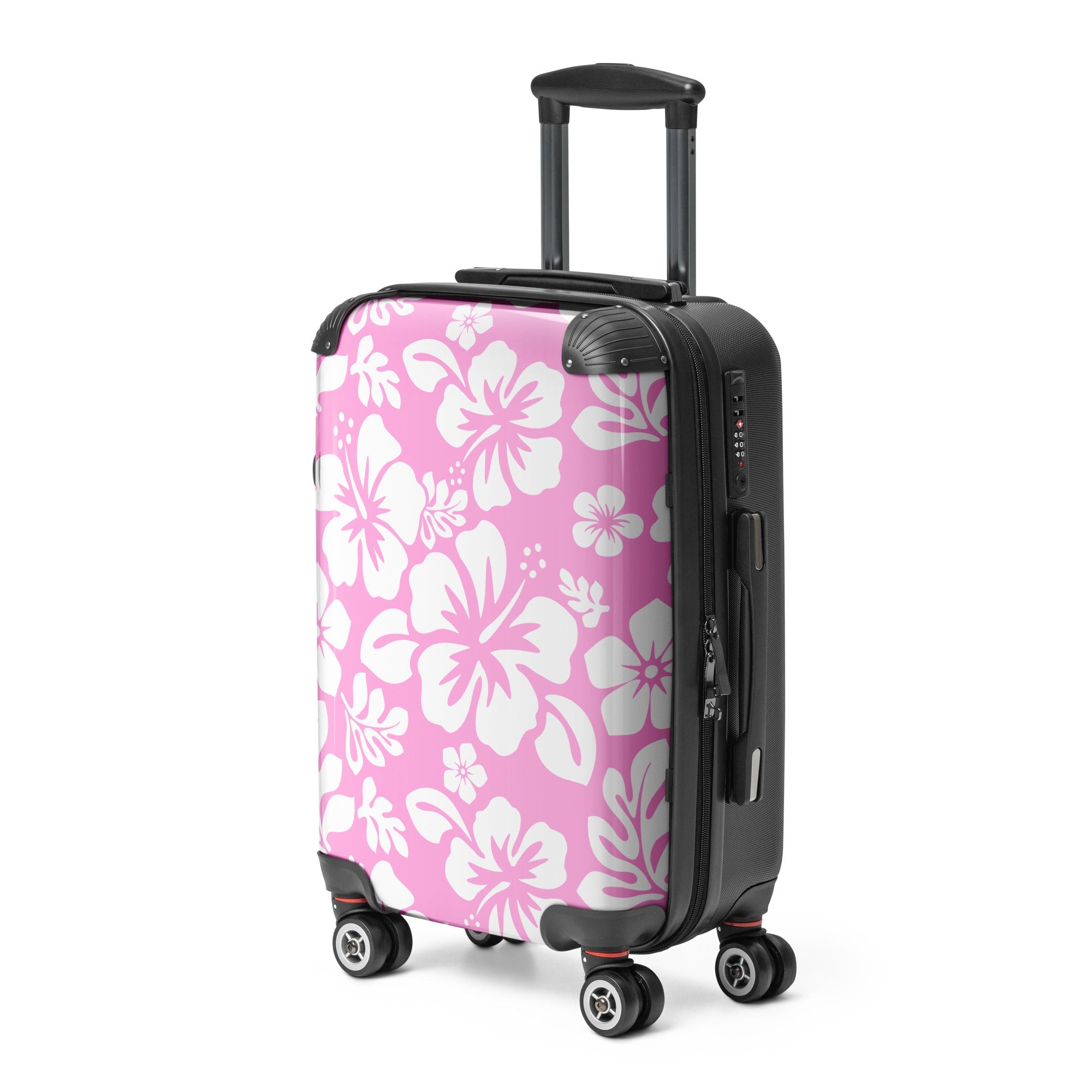 White Hawaiian Flowers on Pink Carry On Suitcase – Surf & Beach Inspired Luggage by Extremely Stoked®