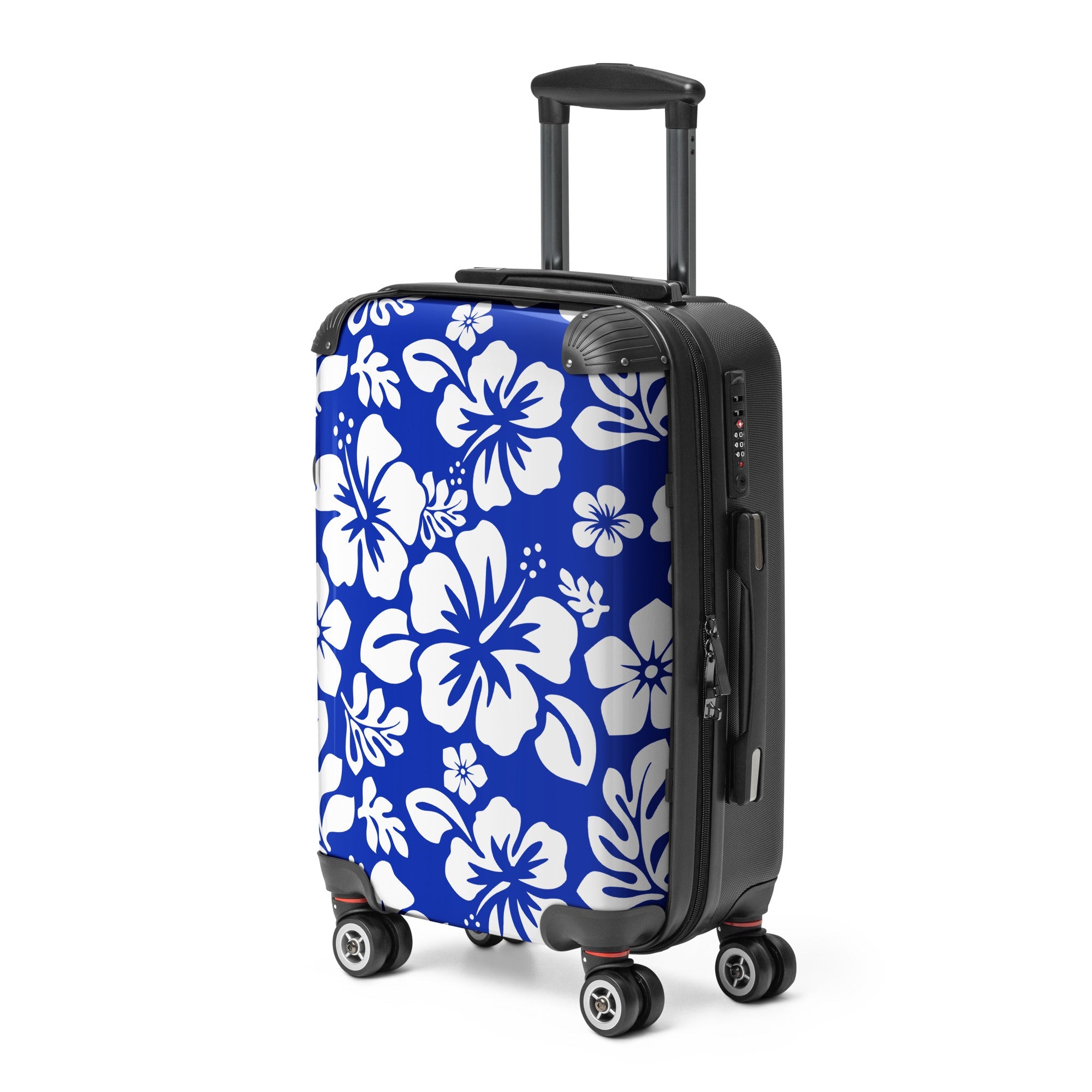White Hawaiian Flowers on Royal Blue Carry On Suitcase – Surf & Beach Inspired Luggage by Extremely Stoked®