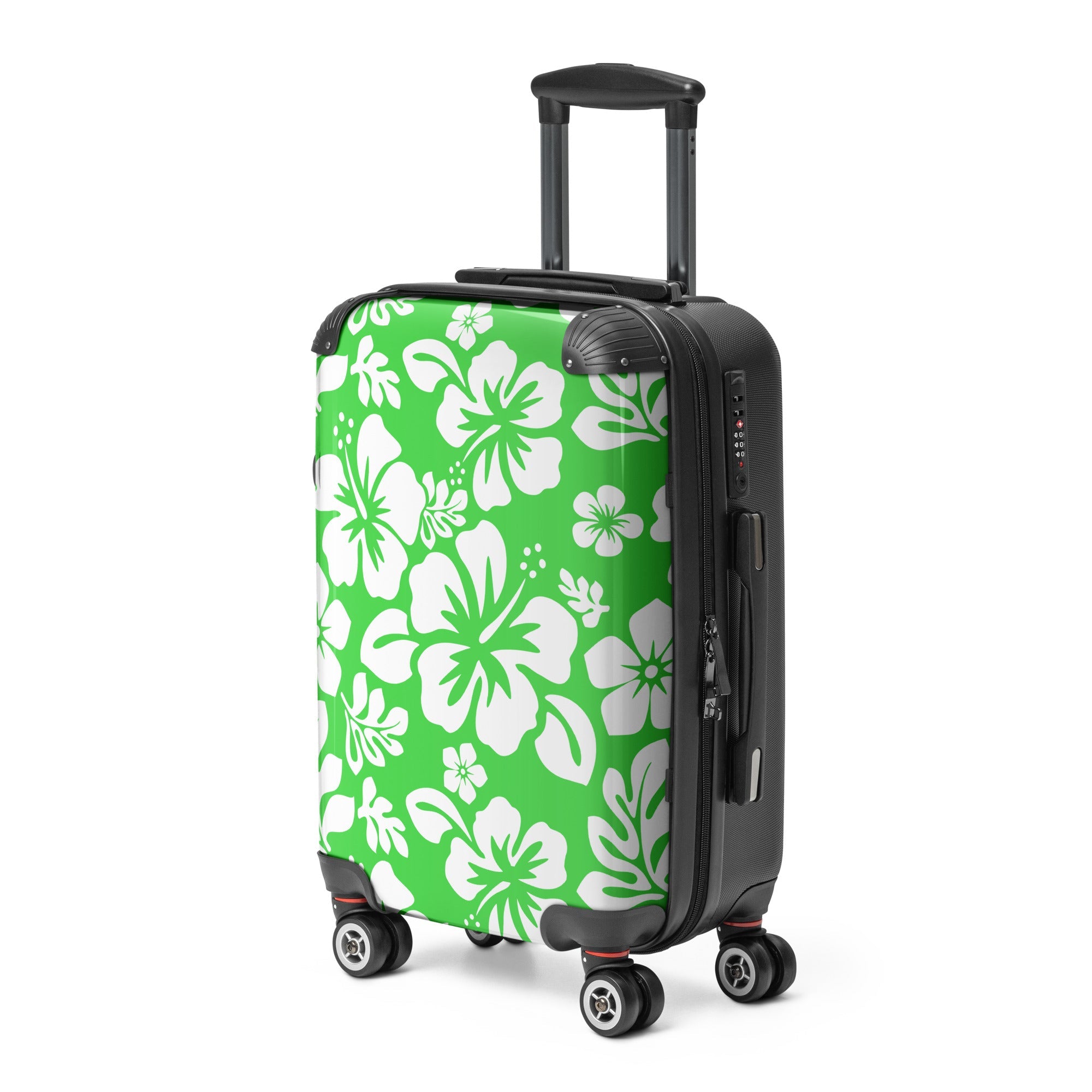 White Hawaiian Flowers on Lime Green Carry On Suitcase – Surf & Beach Inspired Luggage by Extremely Stoked®
