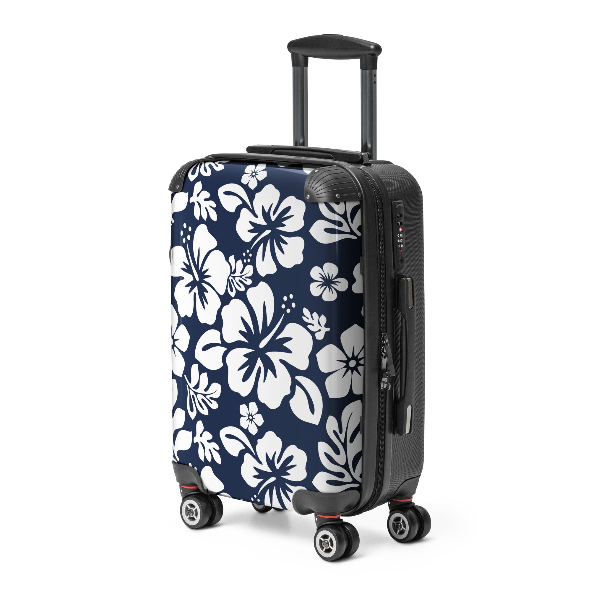 White Hawaiian Flowers on Navy Blue Carry On Suitcase – Surf & Beach Inspired Luggage by Extremely Stoked®