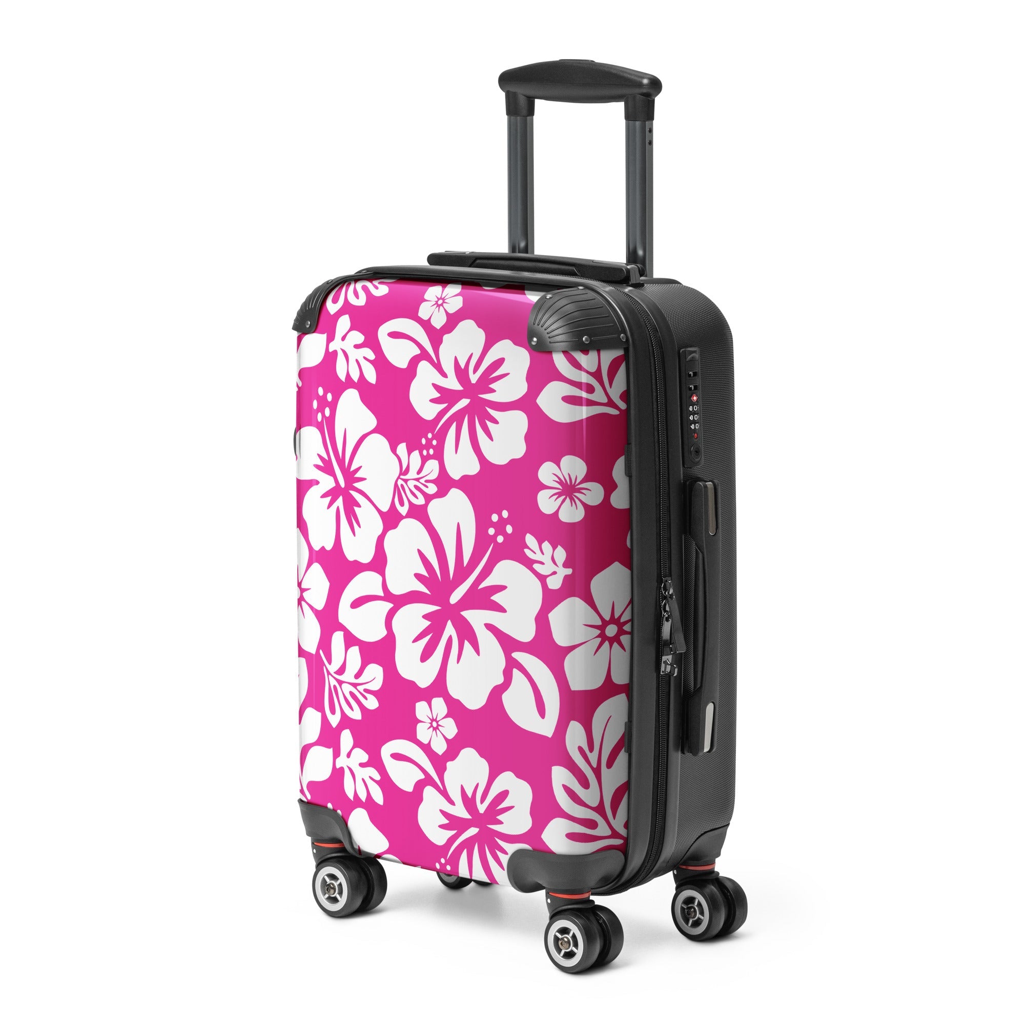 White Hawaiian Flowers on Hot Pink Carry On Suitcase – Surf & Beach Inspired Luggage by Extremely Stoked®