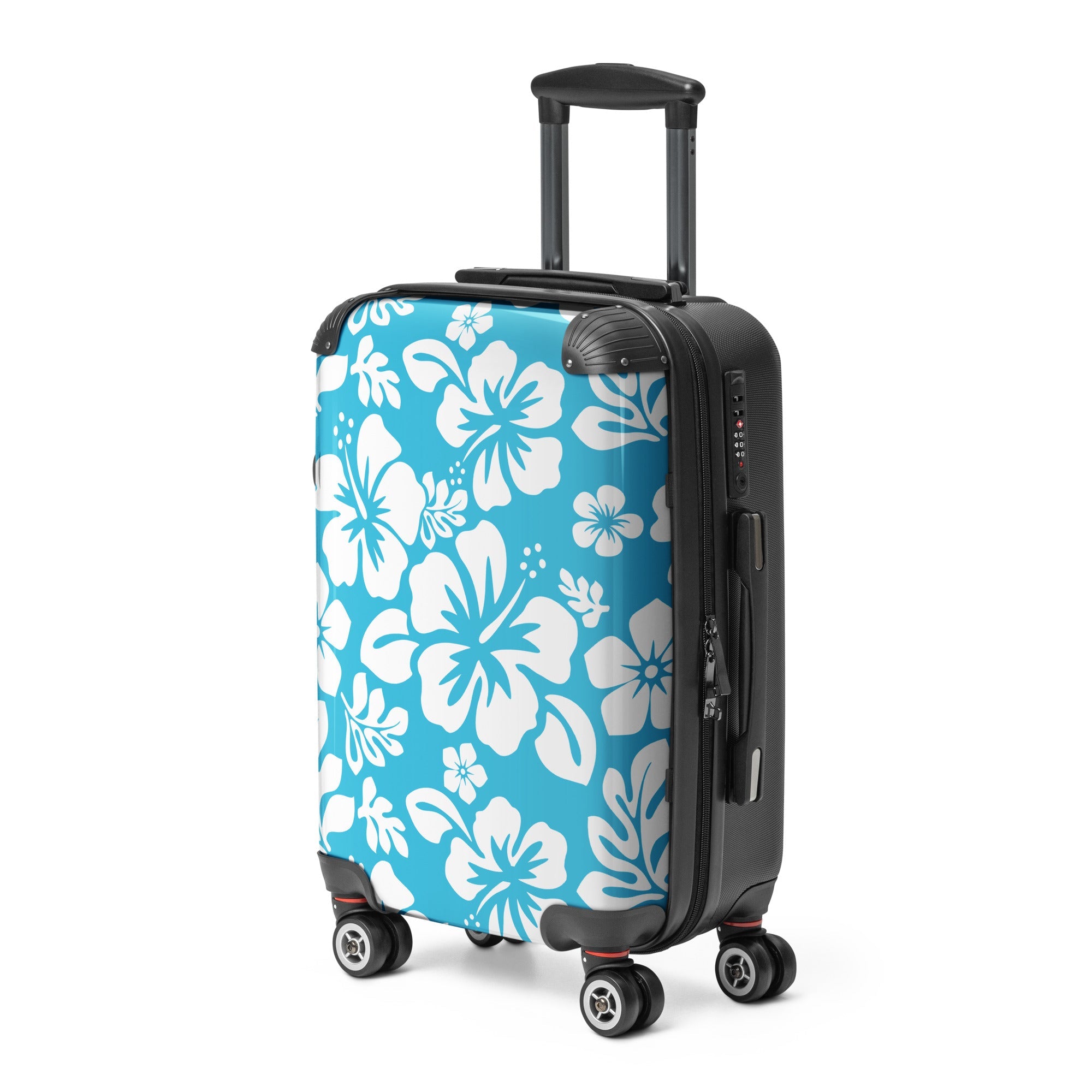 White Hawaiian Flowers on Aqua Blue Carry On Suitcase – Surf & Beach Inspired Luggage by Extremely Stoked®