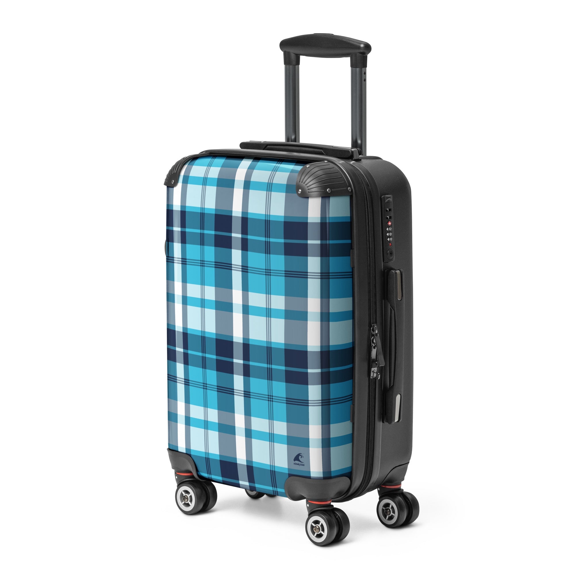 Navy Blue and Aqua Blue Plaid Carry On Suitcase – Surf & Beach Inspired Travel Luggage by Extremely Stoked®