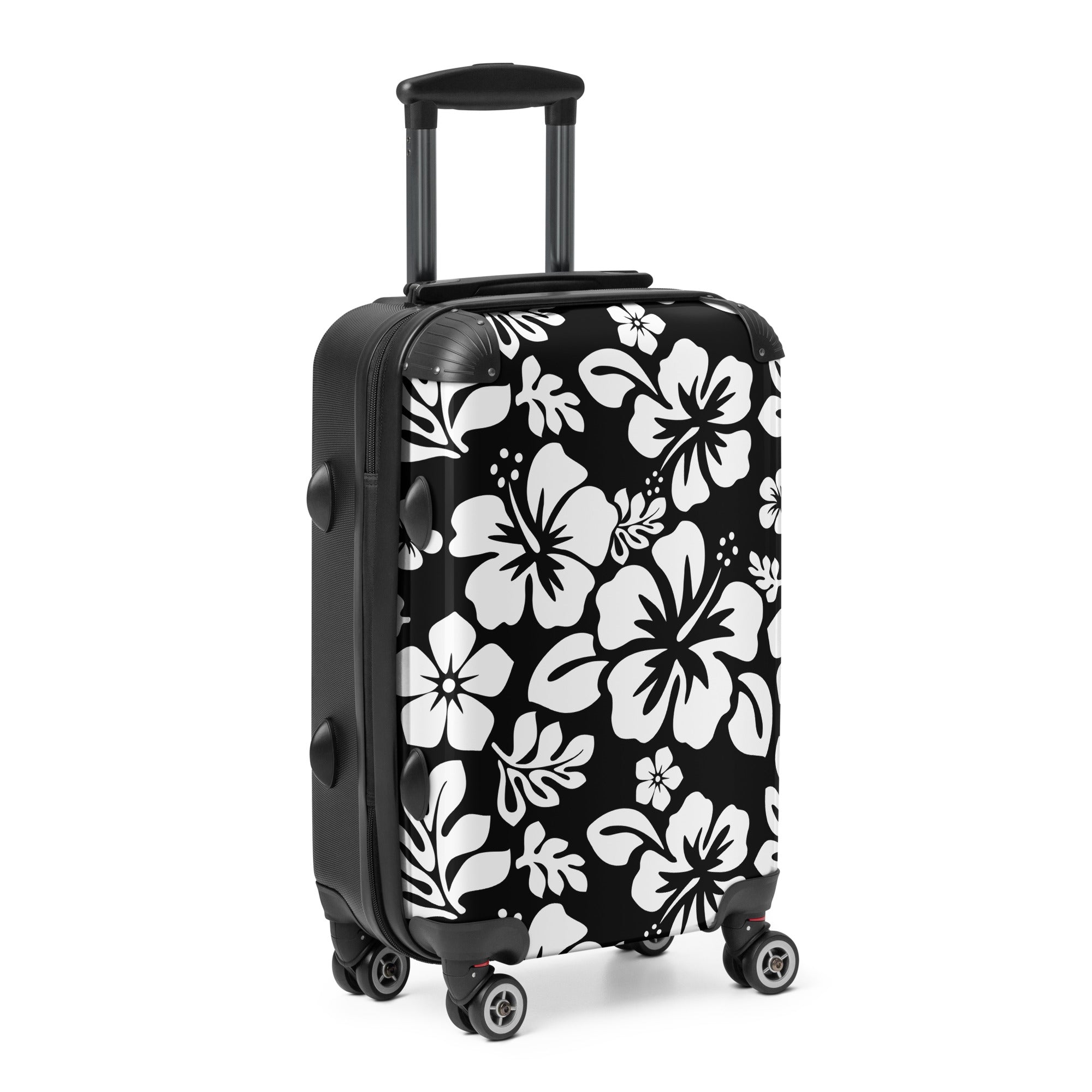White Hawaiian Flowers on Black Carry On Suitcase – Surf & Beach Inspired Luggage by Extremely Stoked®