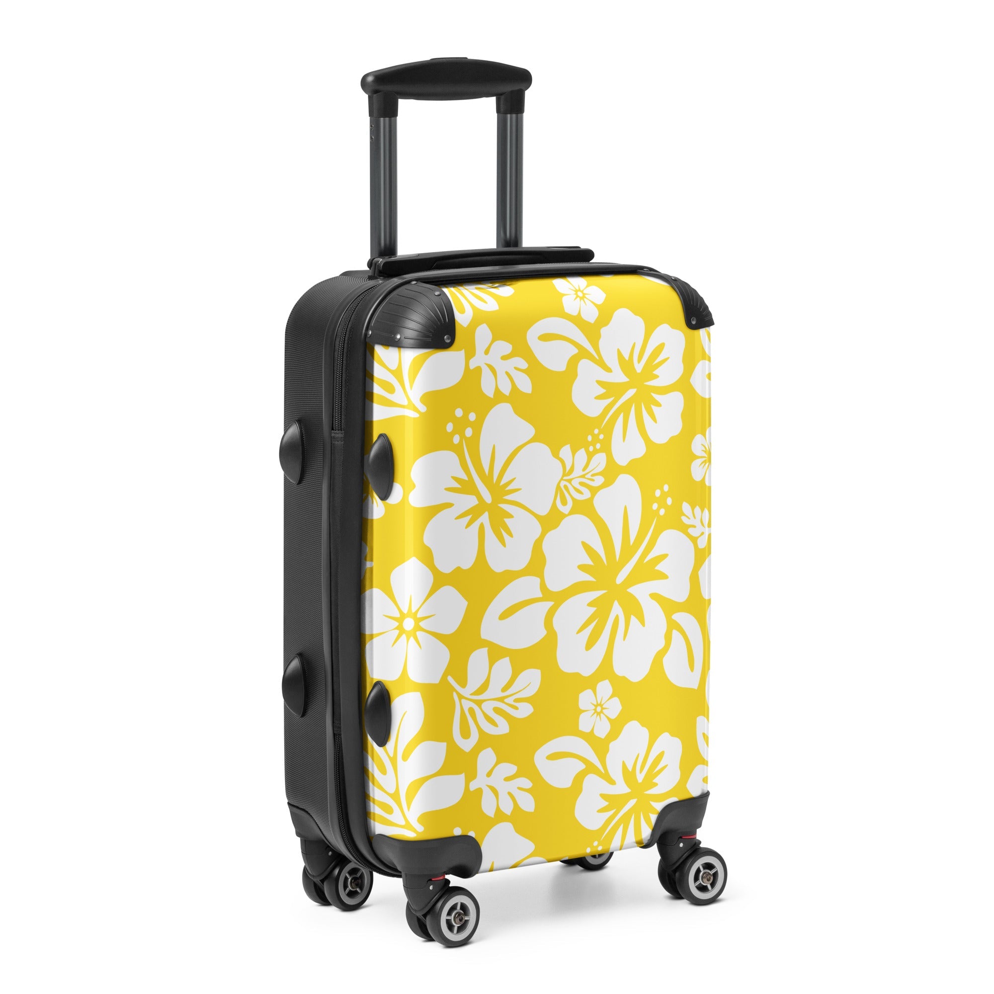 White Hawaiian Flowers on Yellow Carry On Suitcase – Surf & Beach Inspired Luggage by Extremely Stoked®