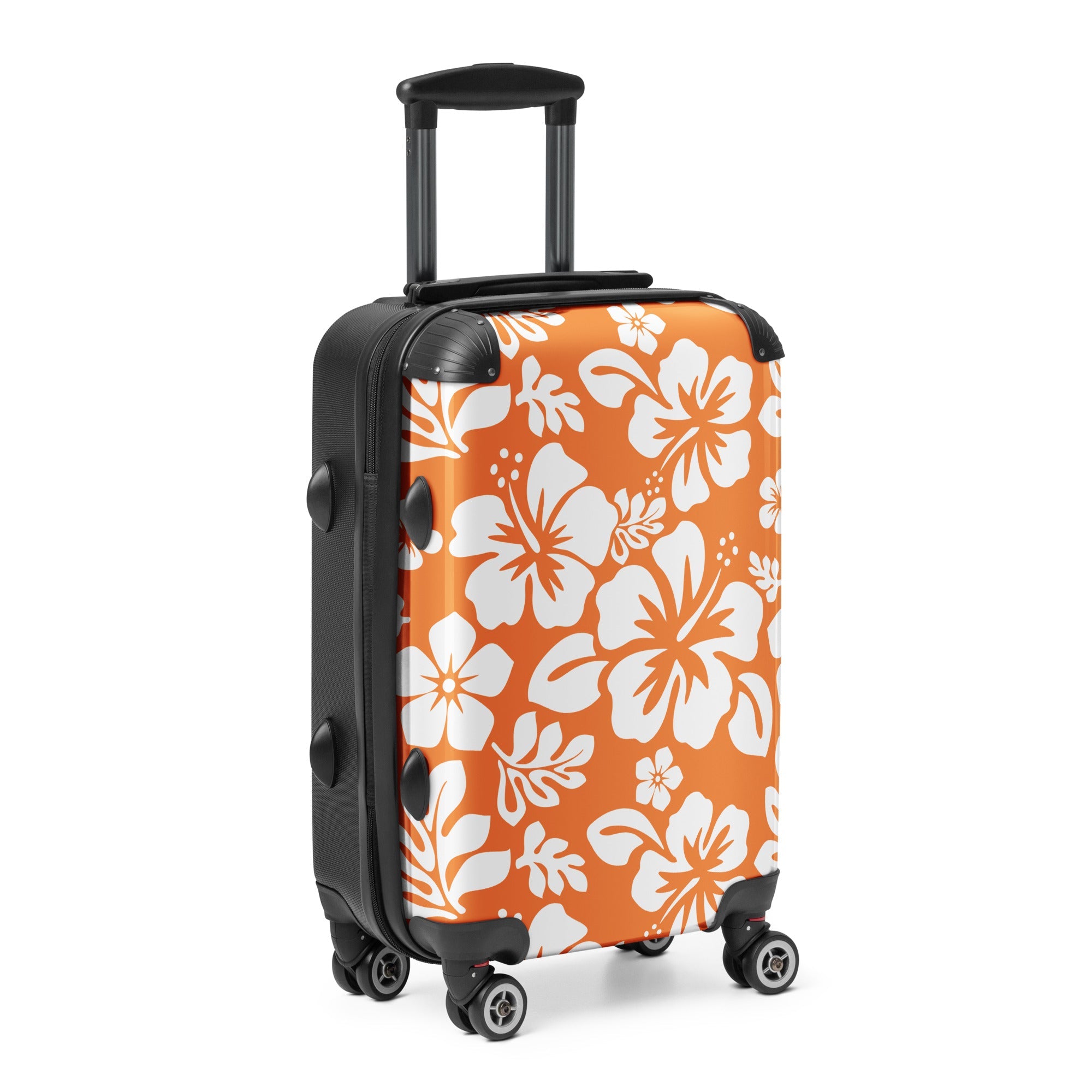 White Hawaiian Flowers on Orange Carry On Suitcase – Surf & Beach Inspired Luggage by Extremely Stoked®