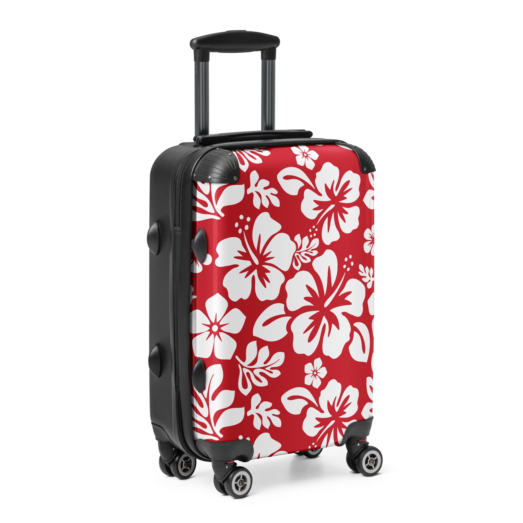 White Hawaiian Flowers on Red Carry On Suitcase – Surf & Beach Inspired Luggage by Extremely Stoked®