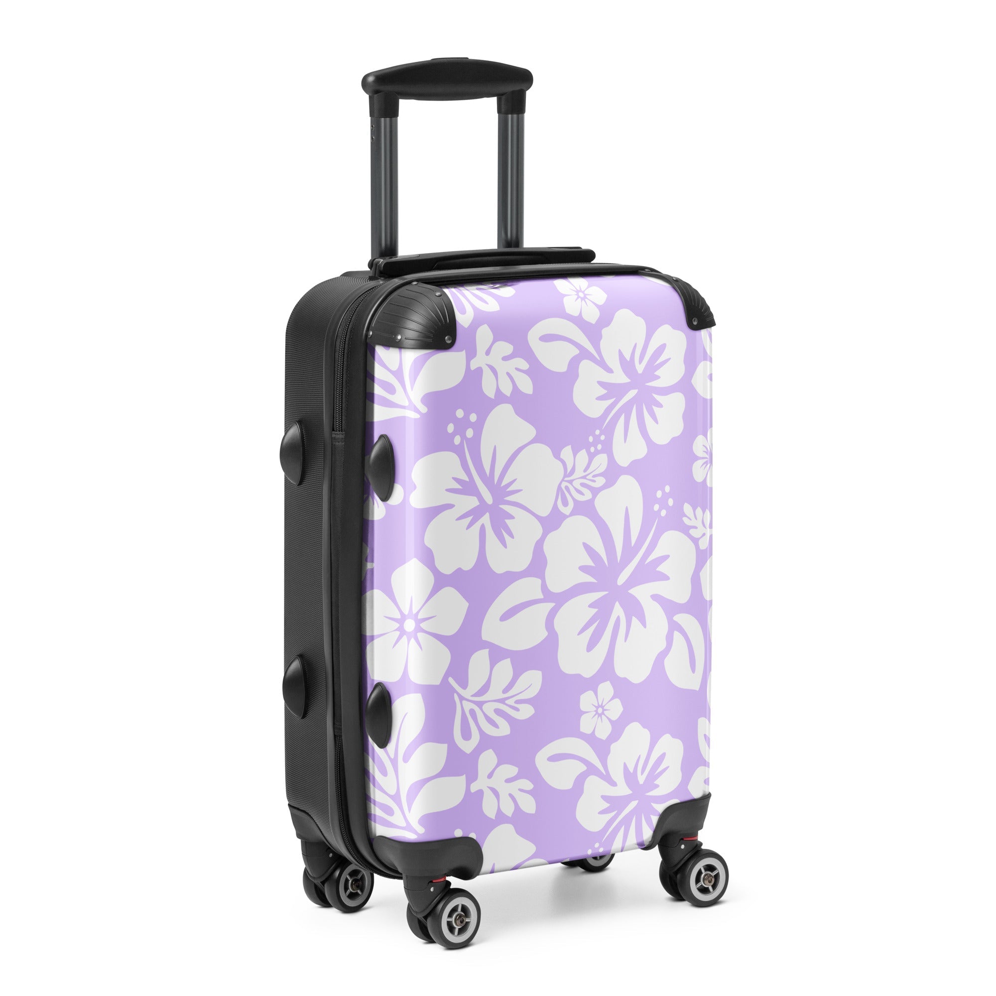 White Hawaiian Flowers on Lavender Carry On Suitcase – Surf & Beach Inspired Luggage by Extremely Stoked®