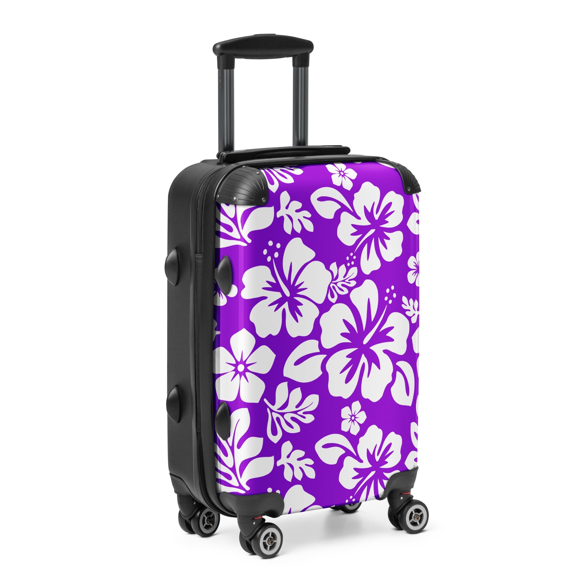 White Hawaiian Flowers on Purple Carry On Suitcase – Surf & Beach Inspired Luggage by Extremely Stoked®
