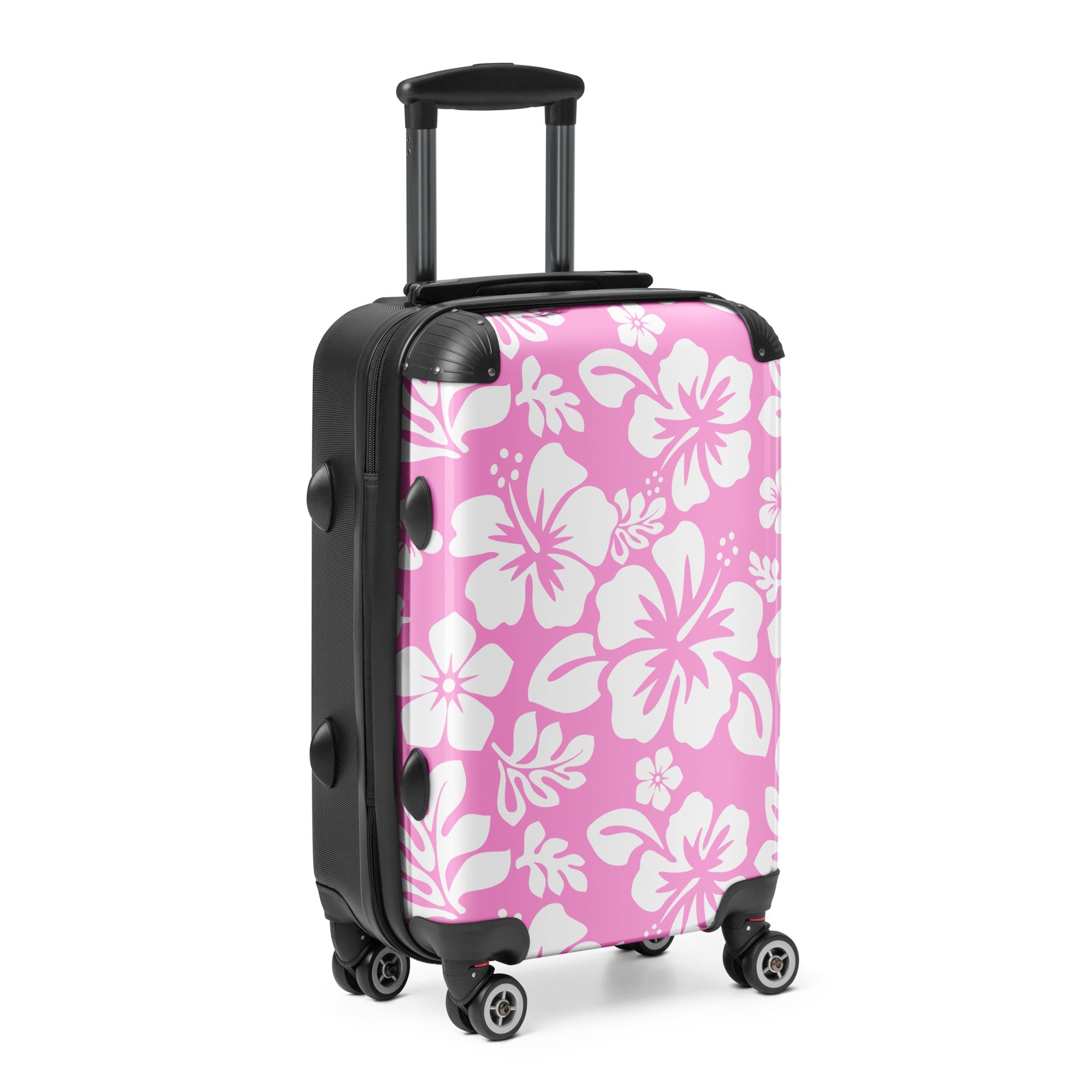 White Hawaiian Flowers on Pink Carry On Suitcase – Surf & Beach Inspired Luggage by Extremely Stoked®