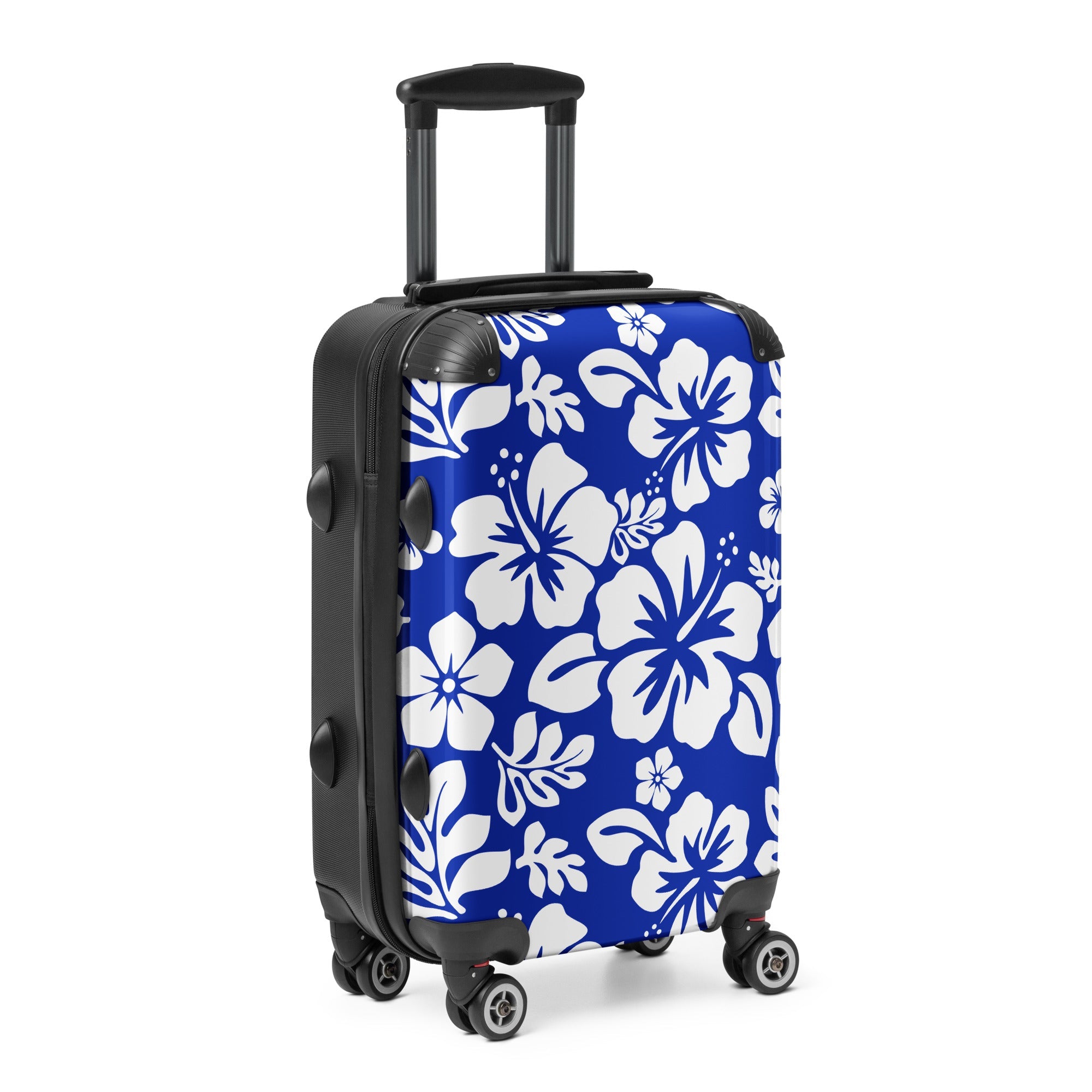 White Hawaiian Flowers on Royal Blue Carry On Suitcase – Surf & Beach Inspired Luggage by Extremely Stoked®