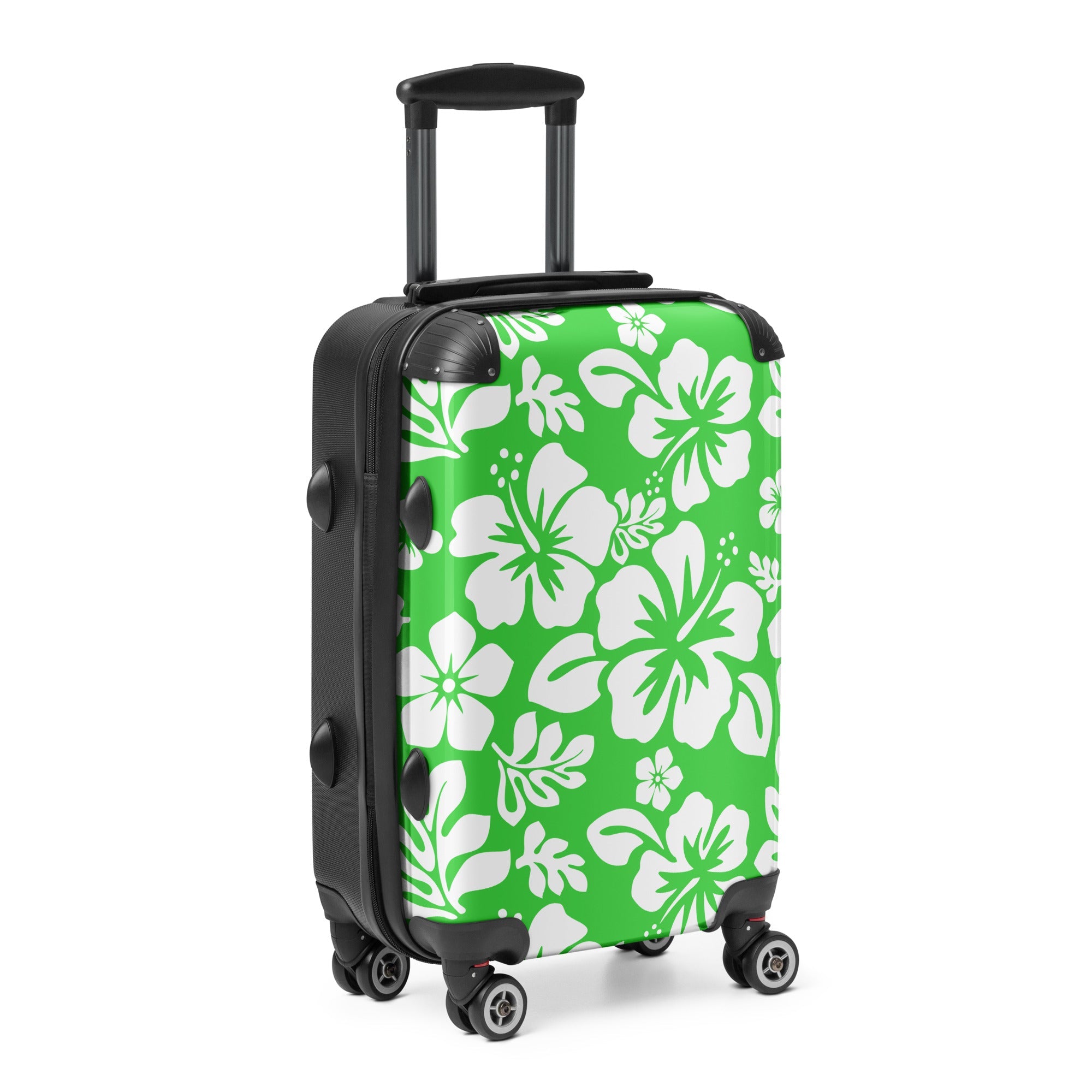 White Hawaiian Flowers on Lime Green Carry On Suitcase – Surf & Beach Inspired Luggage by Extremely Stoked®