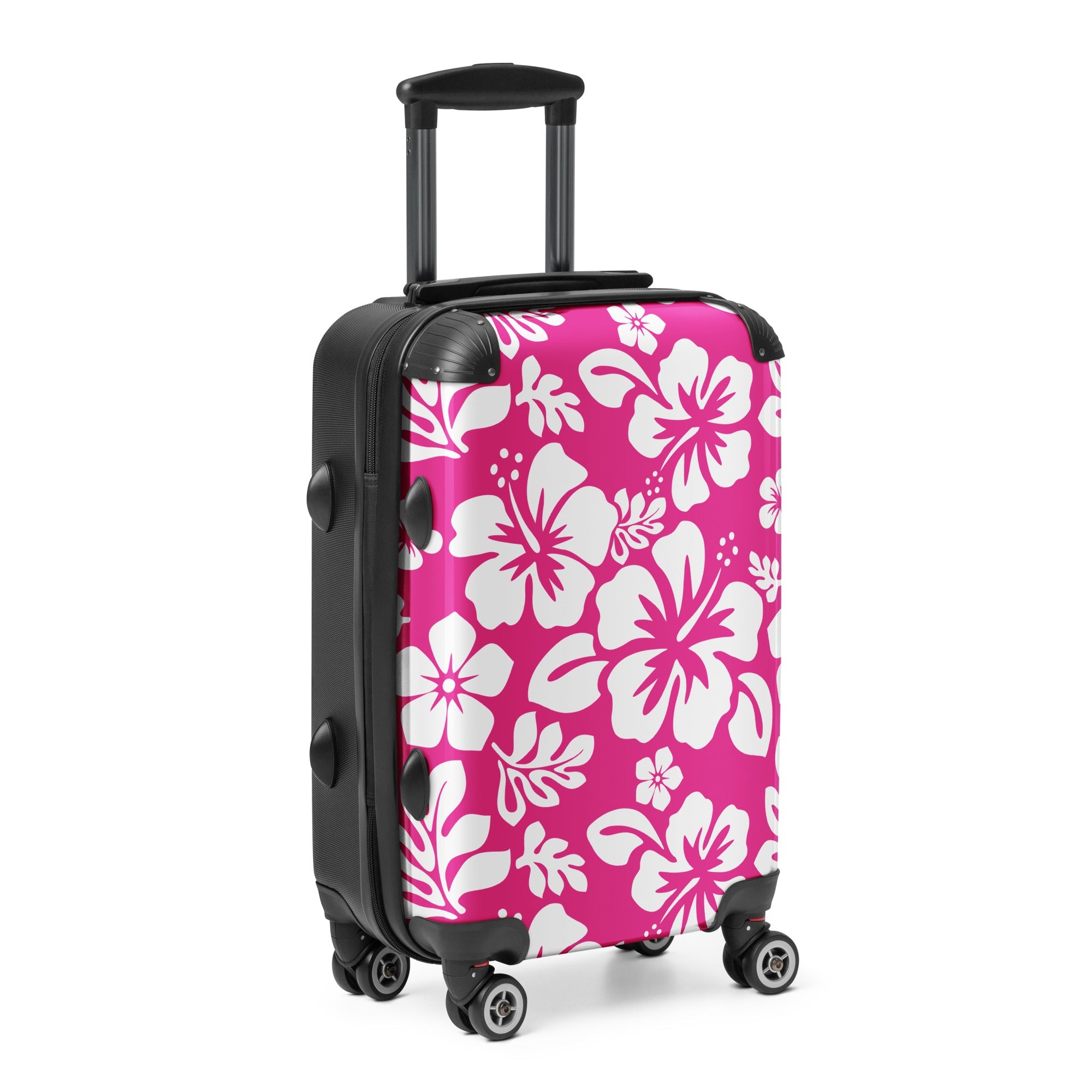 White Hawaiian Flowers on Hot Pink Carry On Suitcase – Surf & Beach Inspired Luggage by Extremely Stoked®