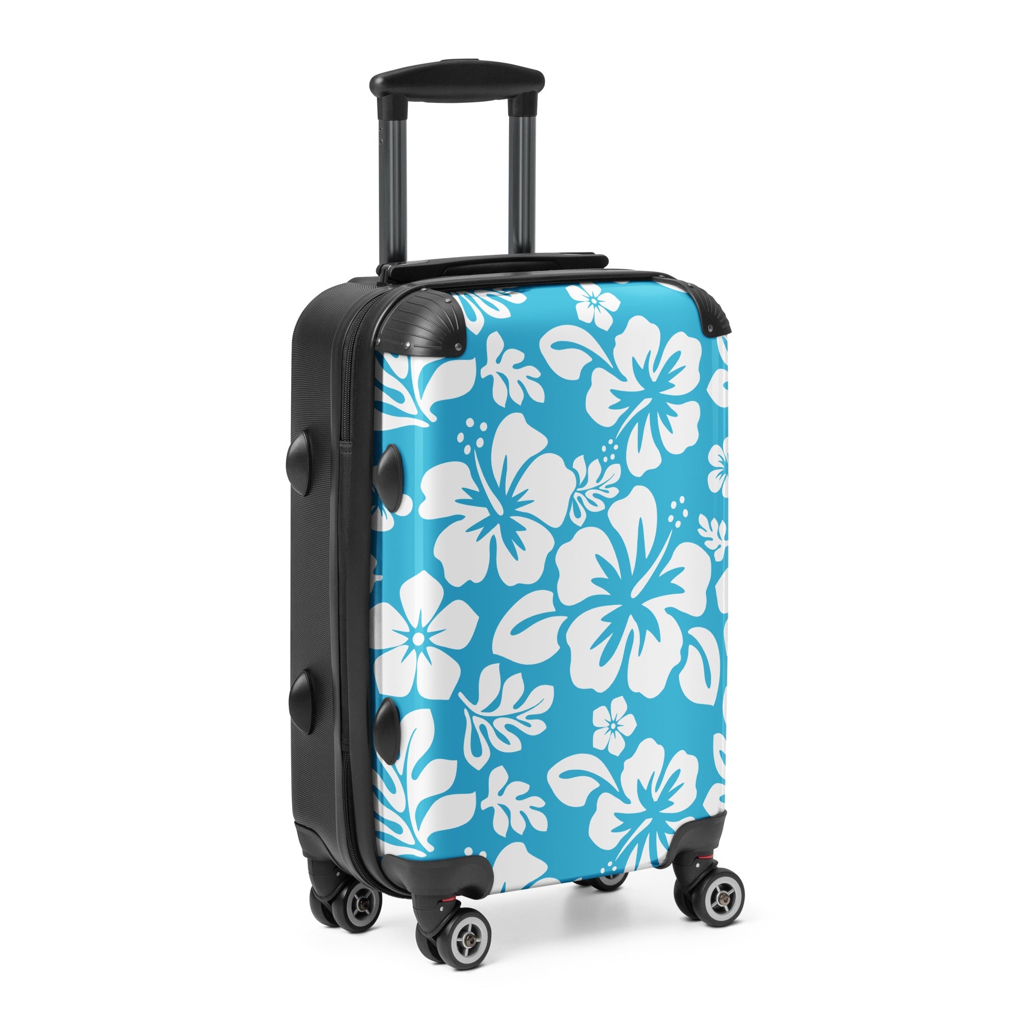 White Hawaiian Flowers on Aqua Blue Carry On Suitcase – Surf & Beach Inspired Luggage by Extremely Stoked®