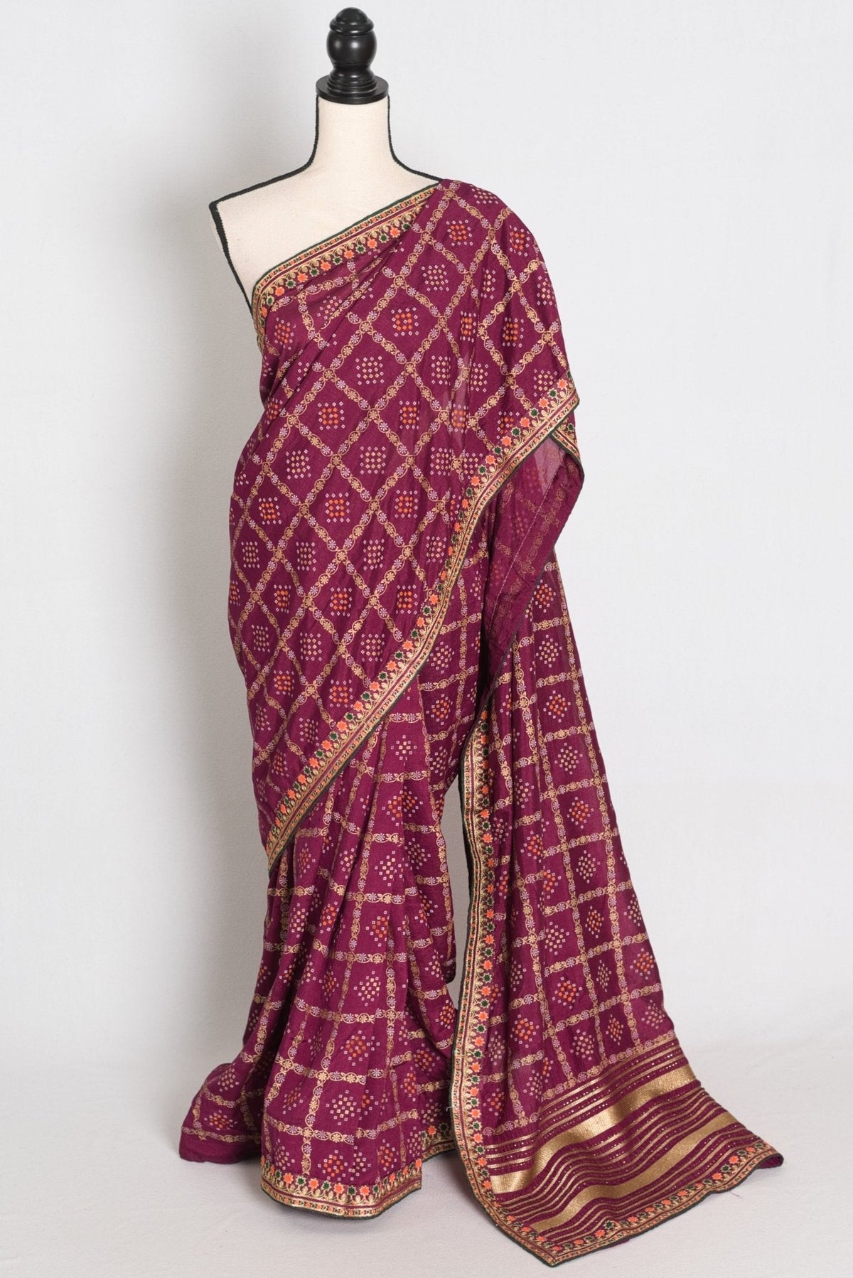 Suma : Purple Gharchola Gold Printed Saree with Embroidered Border
