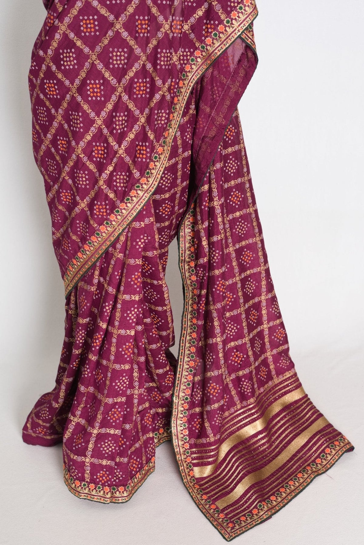 Suma : Purple Gharchola Gold Printed Saree with Embroidered Border