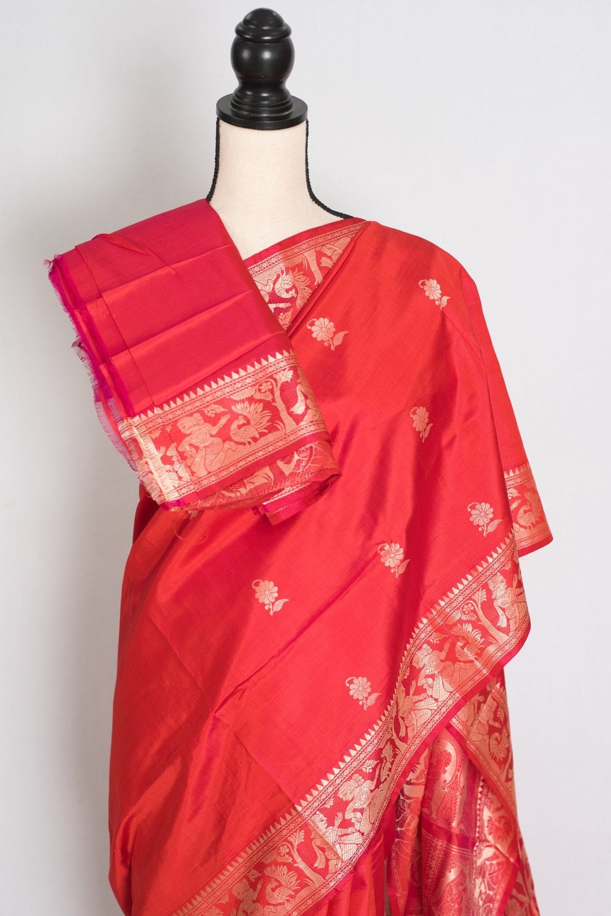 Supriya | Orange Red and Cream Handwoven Baluchari Pure Silk Saree