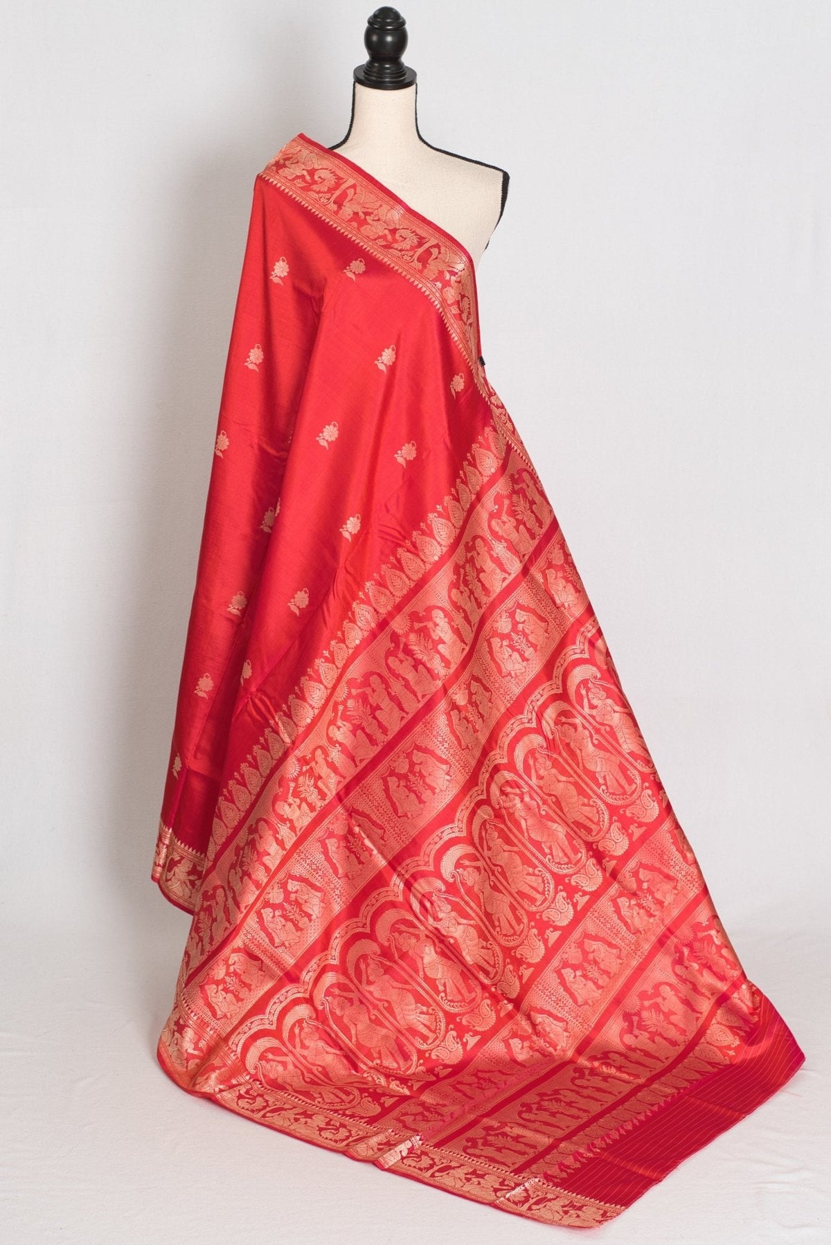 Supriya | Orange Red and Cream Handwoven Baluchari Pure Silk Saree