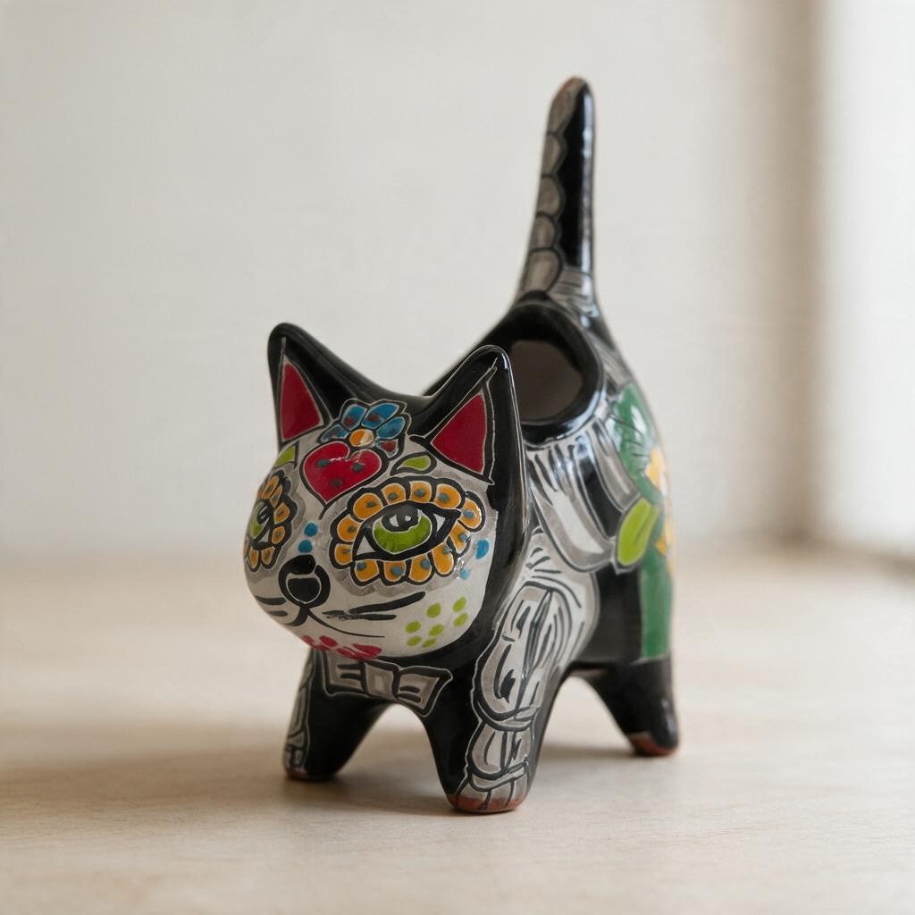 Talavera Cat Planter | Day of the Dead Ceramic Decor