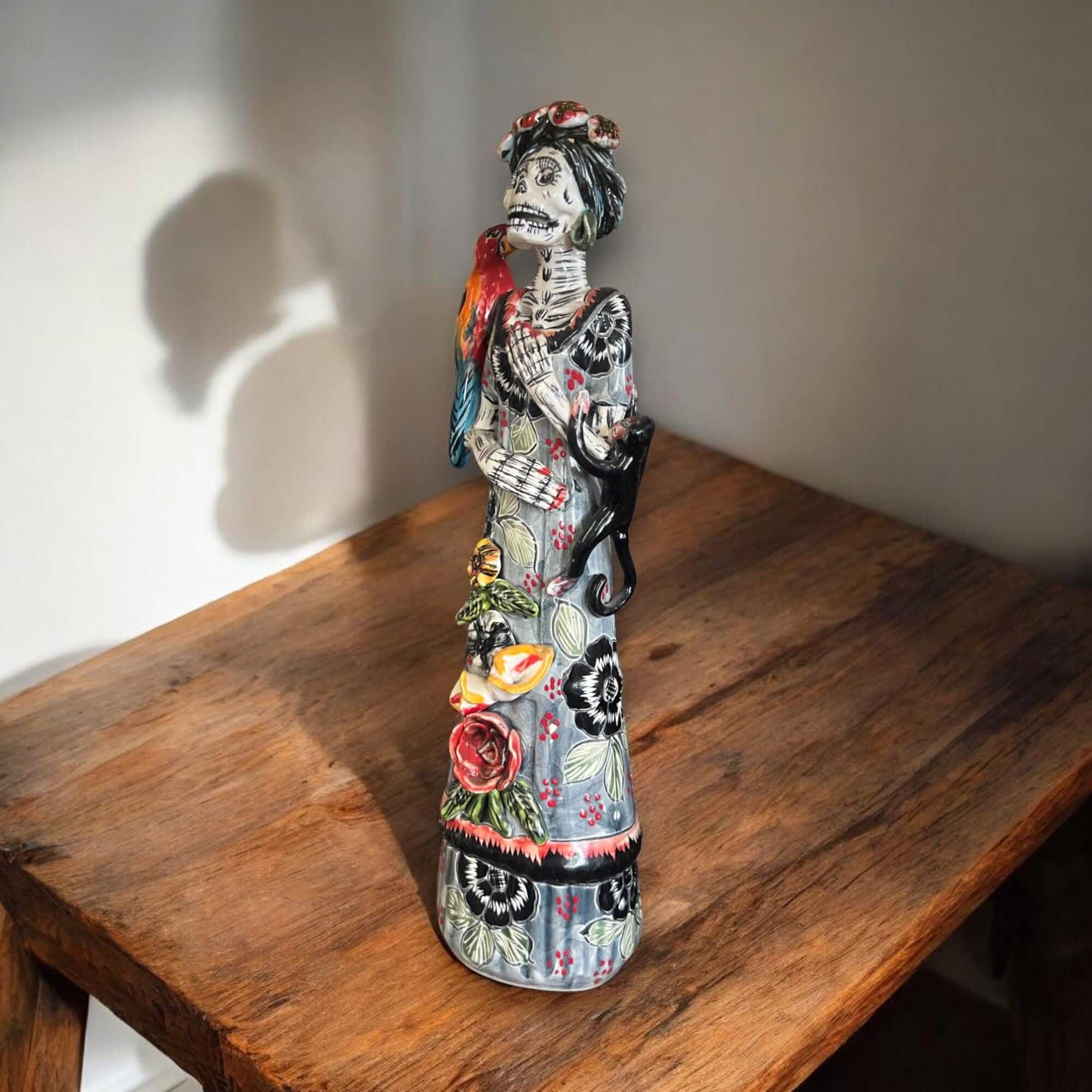 Talavera Catrina Figurine | Day of the Dead Skeleton with Monkey & Bird