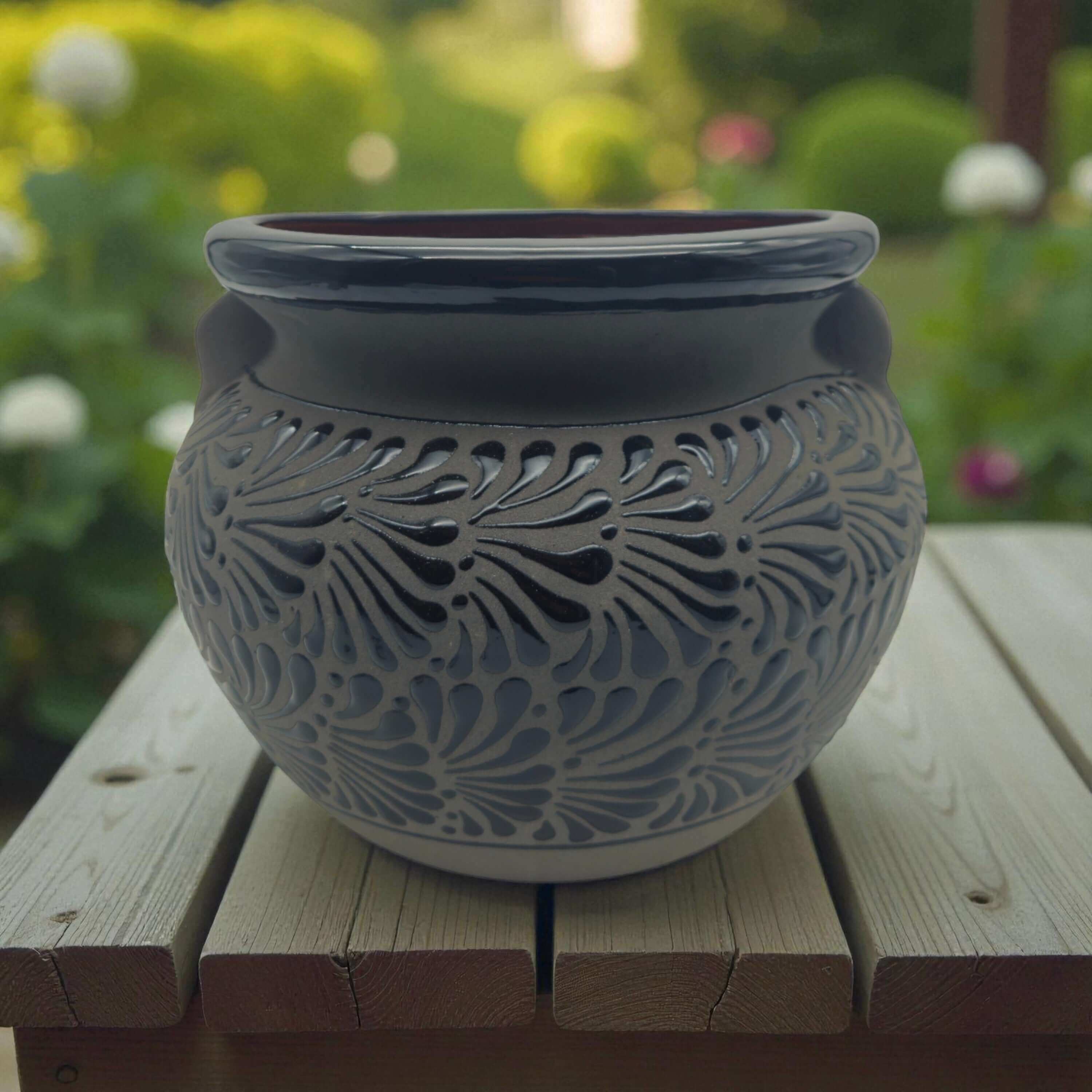 Talavera Floral Pot | Handcrafted Black Design