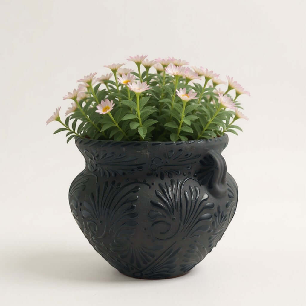 Talavera Floral Pot | Handcrafted Black Design