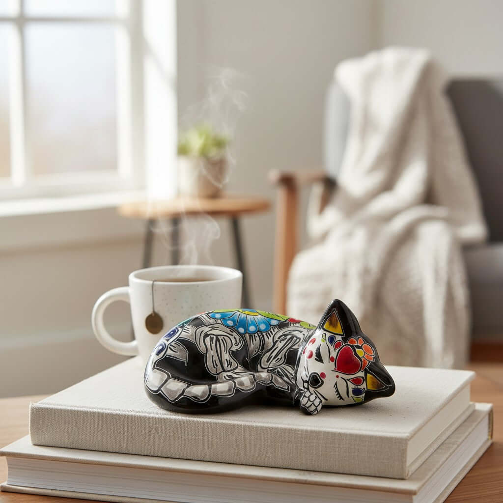 Talavera Sleeping Cat Figurine | Hand-Painted Mexican Decor