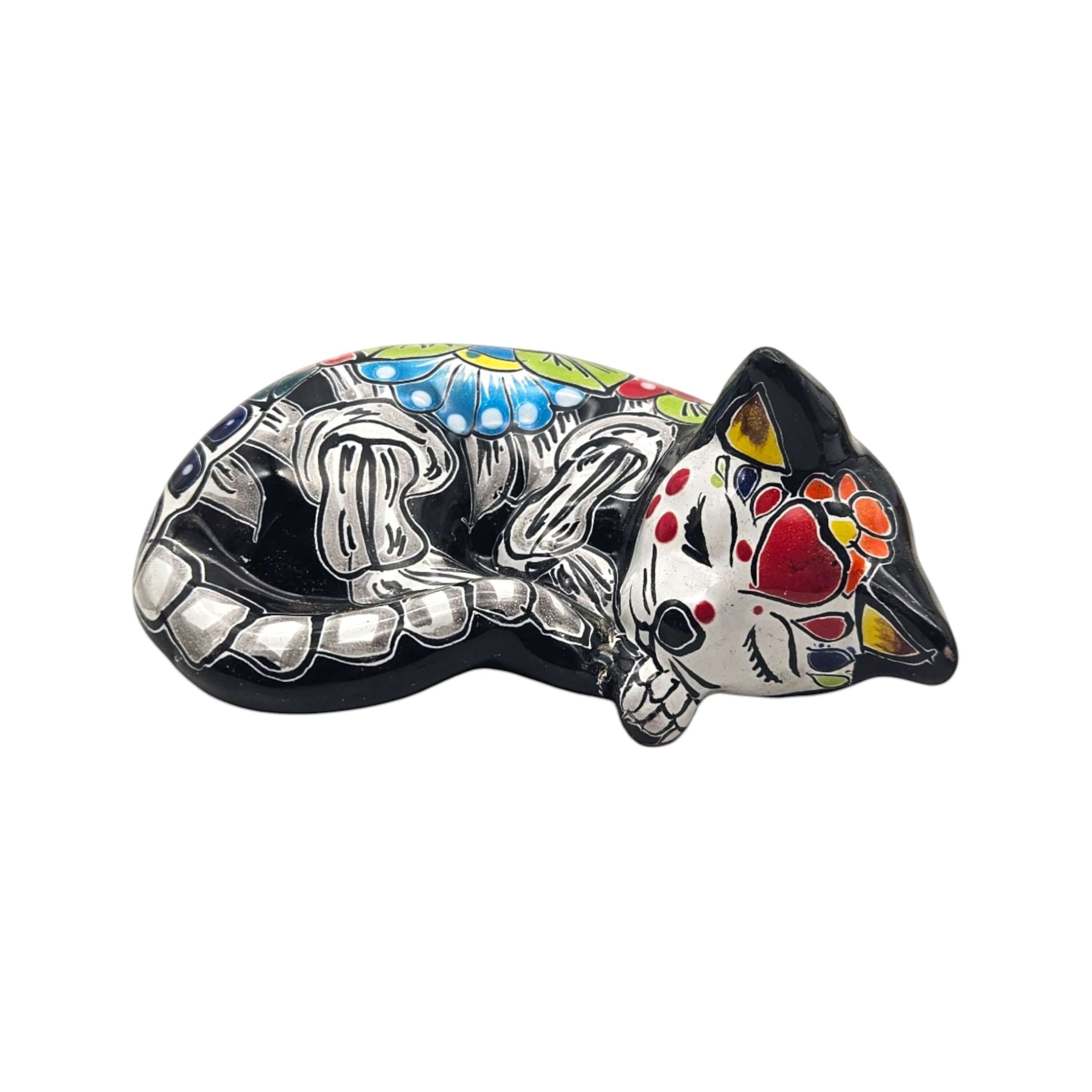 Talavera Sleeping Cat Figurine | Hand-Painted Mexican Decor