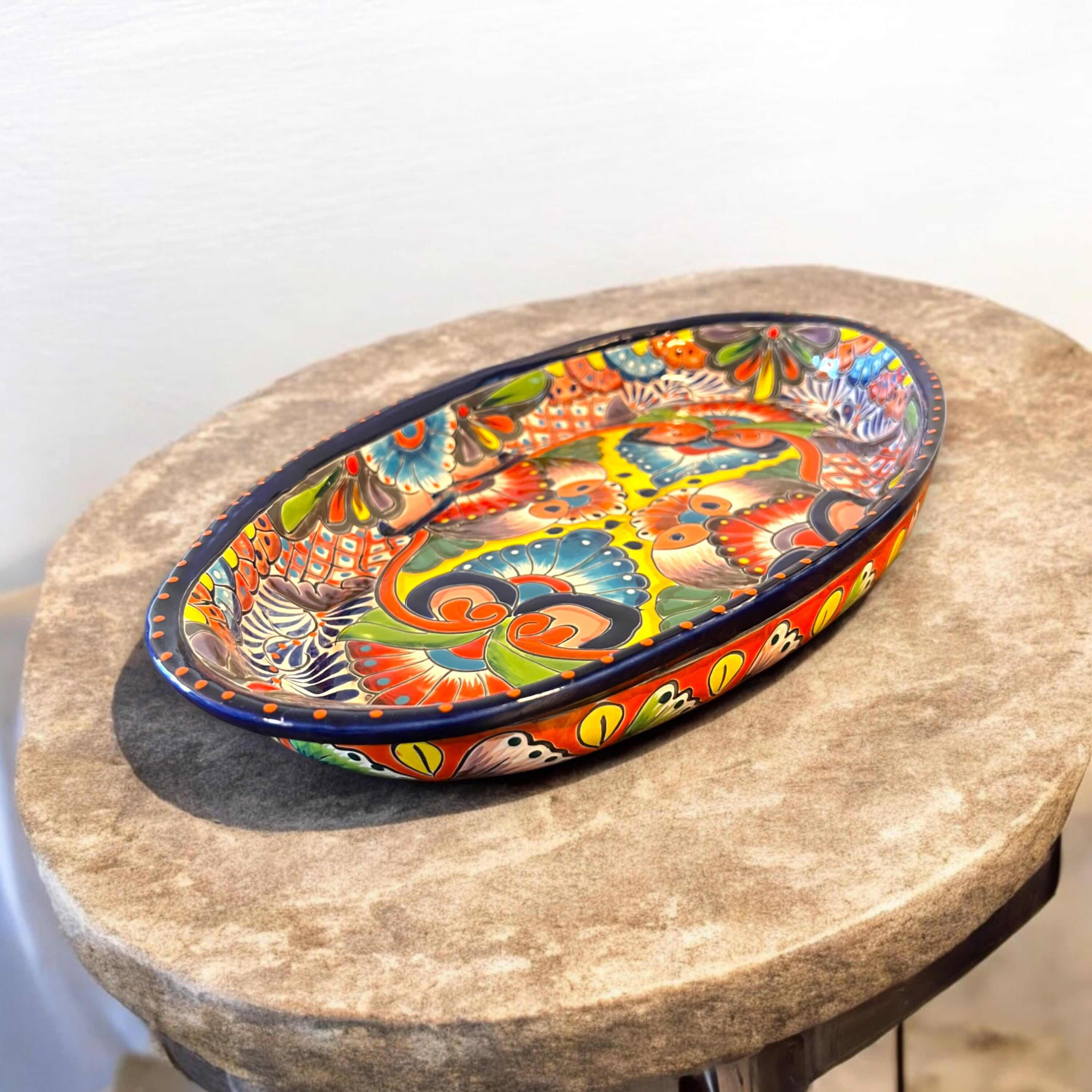 Talavera Oval Serving Platter | Cobalt-Blue Rim Kitchenware