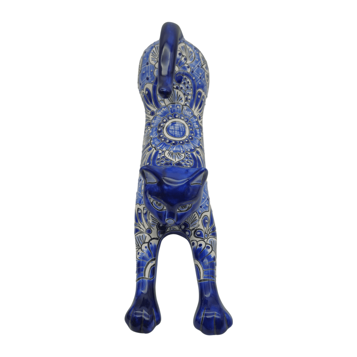 Talavera Stretching Cat Statue | Blue & White Floral Design