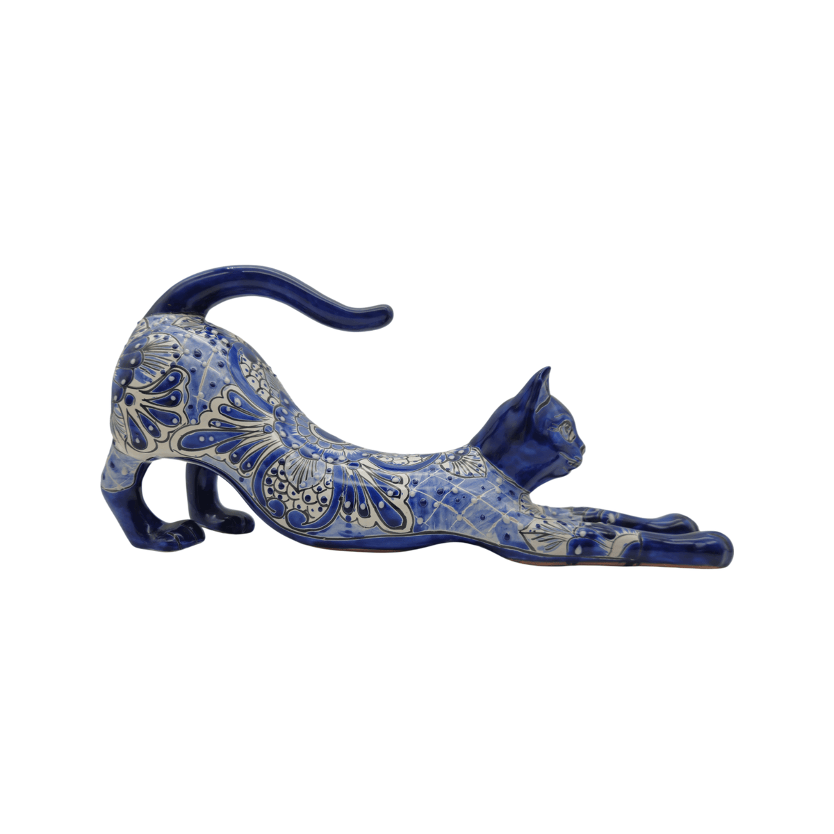 Talavera Stretching Cat Statue | Blue & White Floral Design
