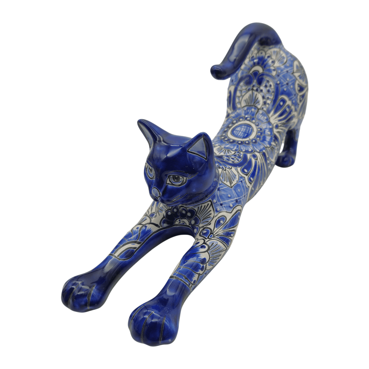 Talavera Stretching Cat Statue | Blue & White Floral Design
