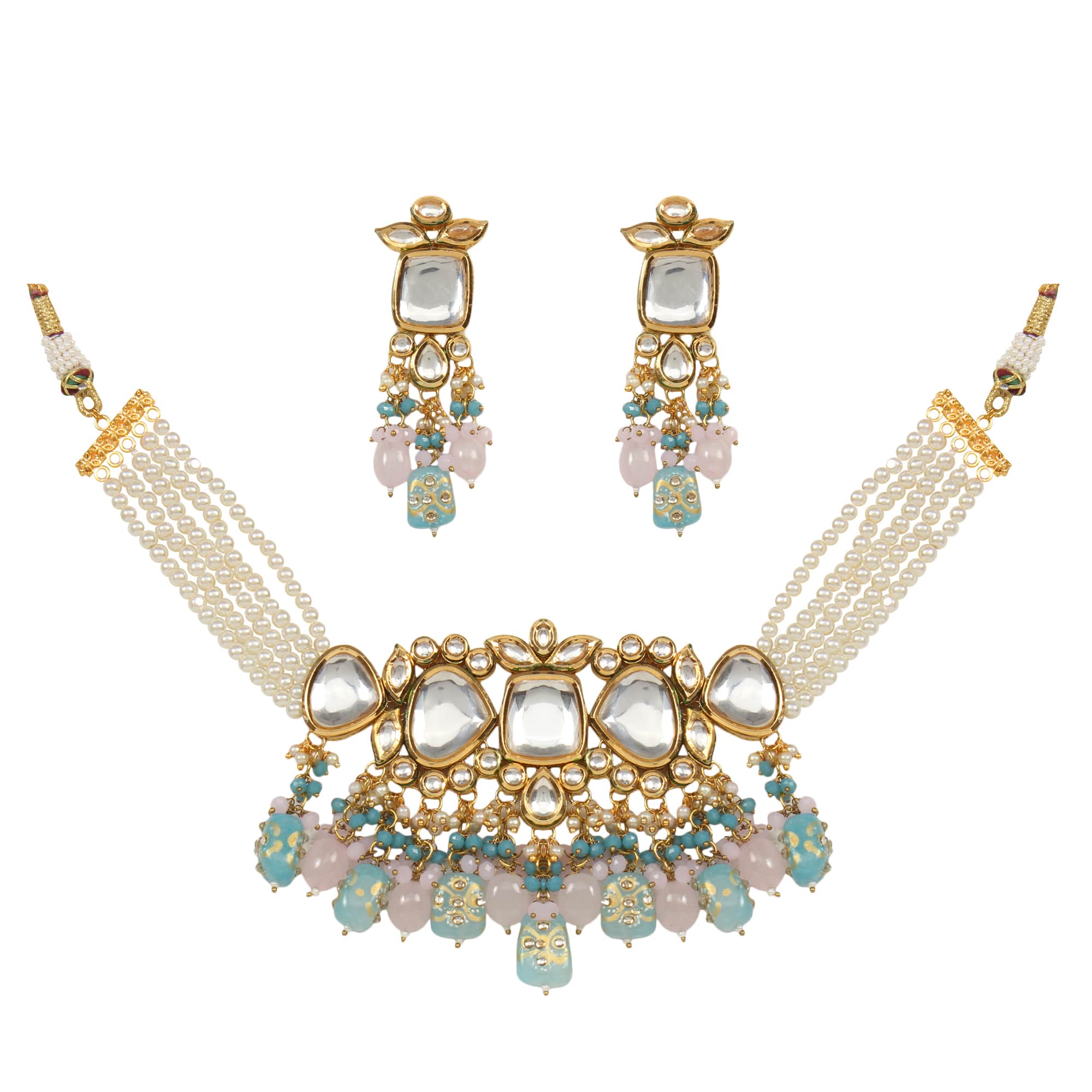 Tanjore Beaded Kundan Pastel Blue and Pink Necklace with Earrings